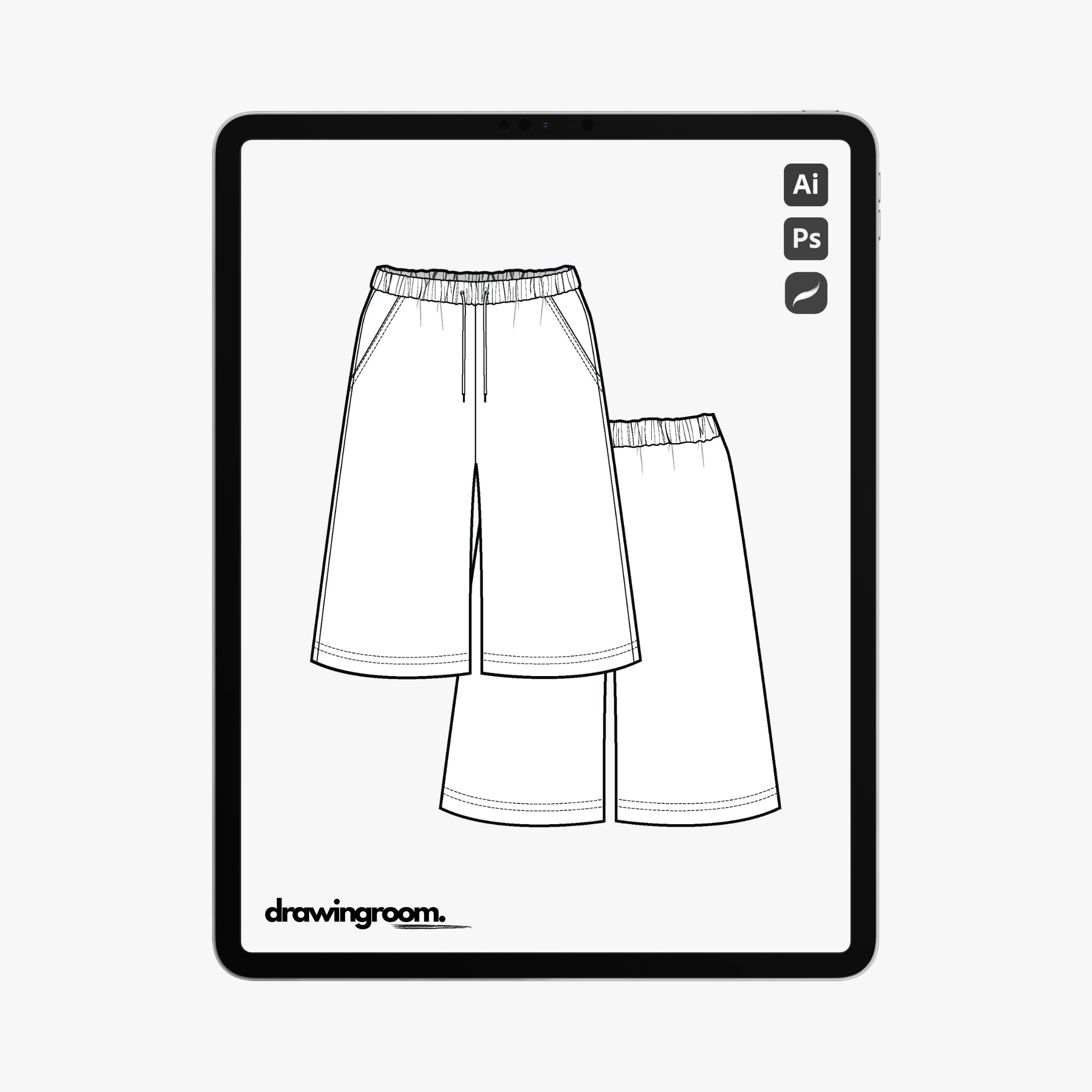 Long Sweat Shorts with Slash Pockets and Elastic Waistband - Flat Mockup Vector