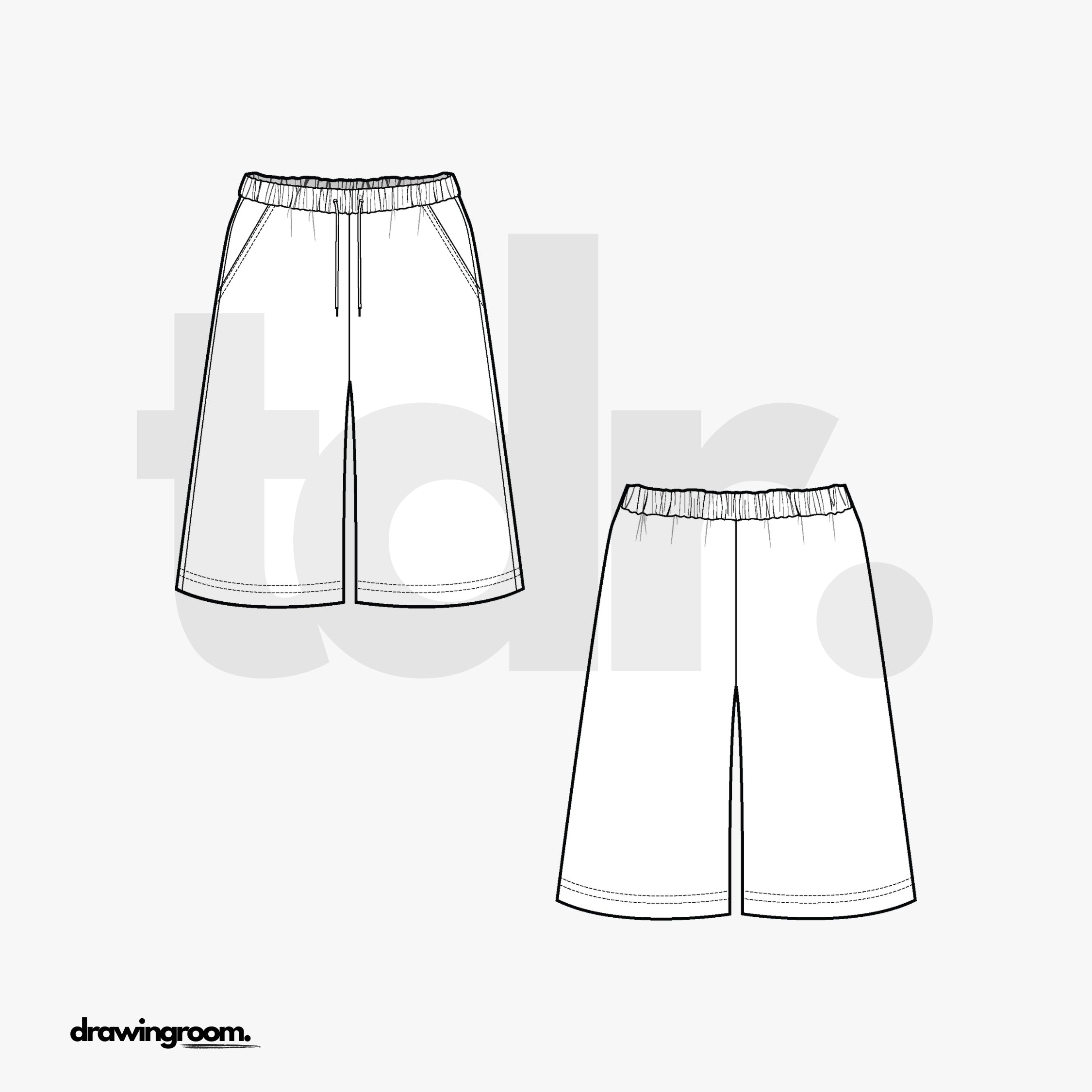 Long Sweat Shorts with Slash Pockets and Elastic Waistband - Flat Mockup Vector