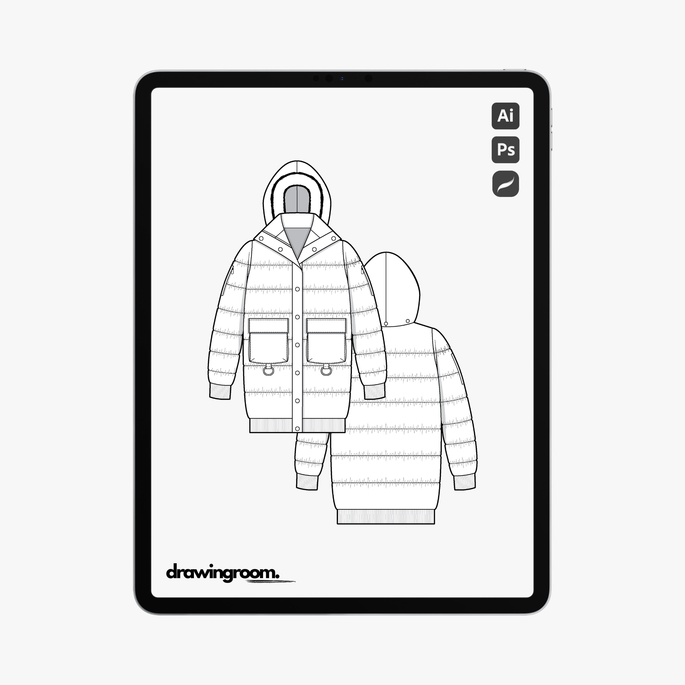 Long Hooded Puffer Jacket with Flap Pockets - Flat Mockup Vector