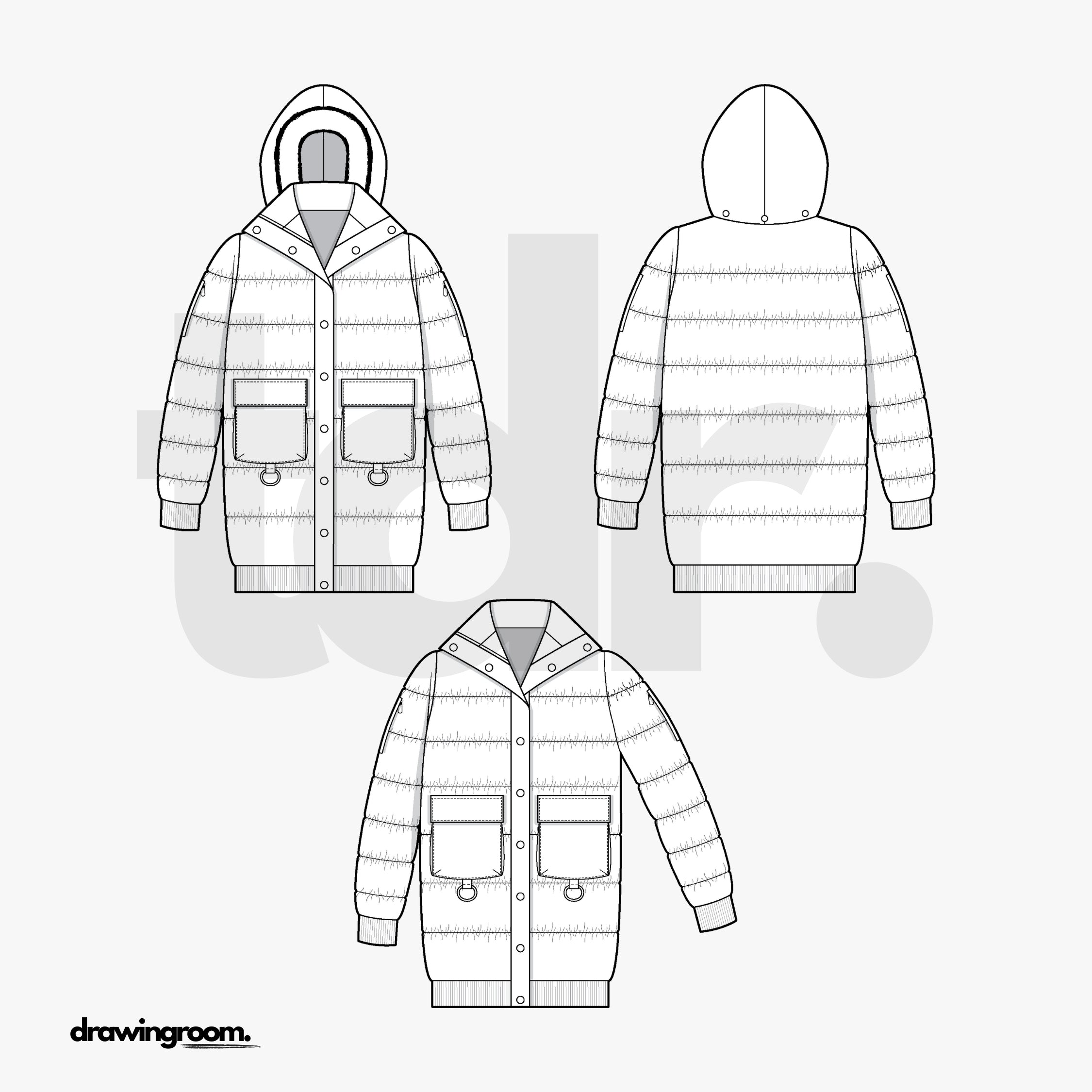 Long Hooded Puffer Jacket with Flap Pockets - Flat Mockup Vector