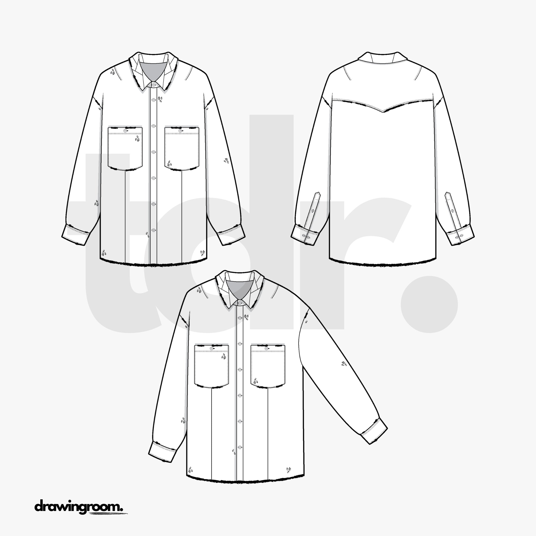 Distressed Relaxed Long Sleeve Button Up with Front Cut and Sew Details - Flat Mockup Vector