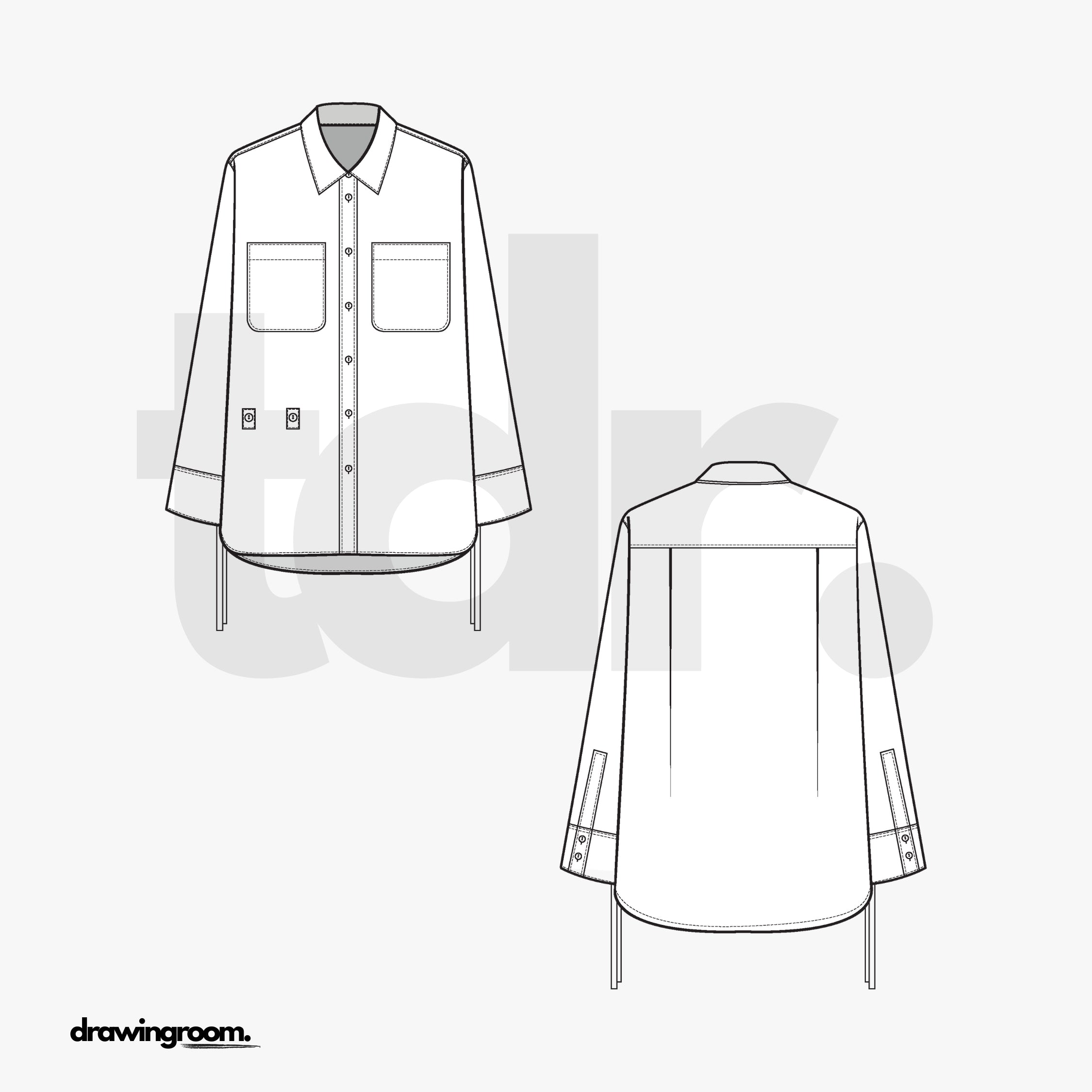 Relaxed Long Sleeve Button Up with Draw String Side Seams - Flat Mockup Vector