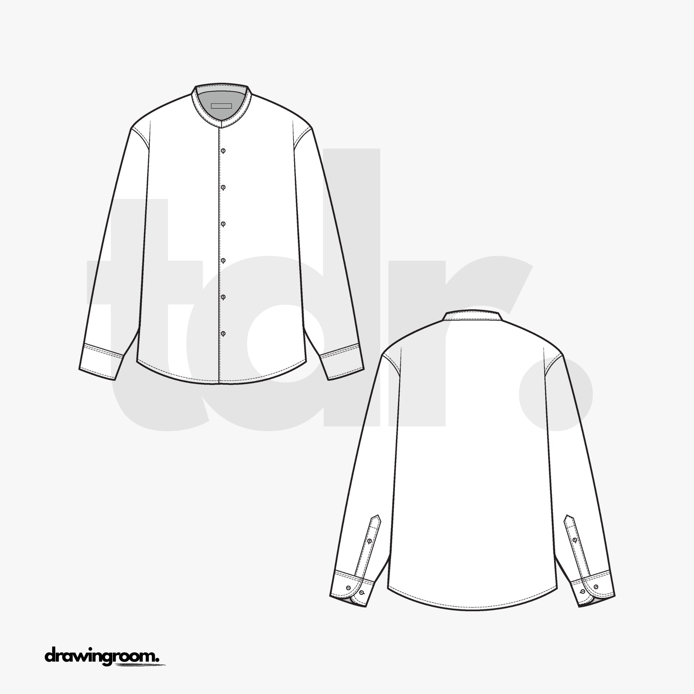 Relaxed Fit Long Sleeve Button Up Shirt with Mandarin Collar - Flat Mockup Vector