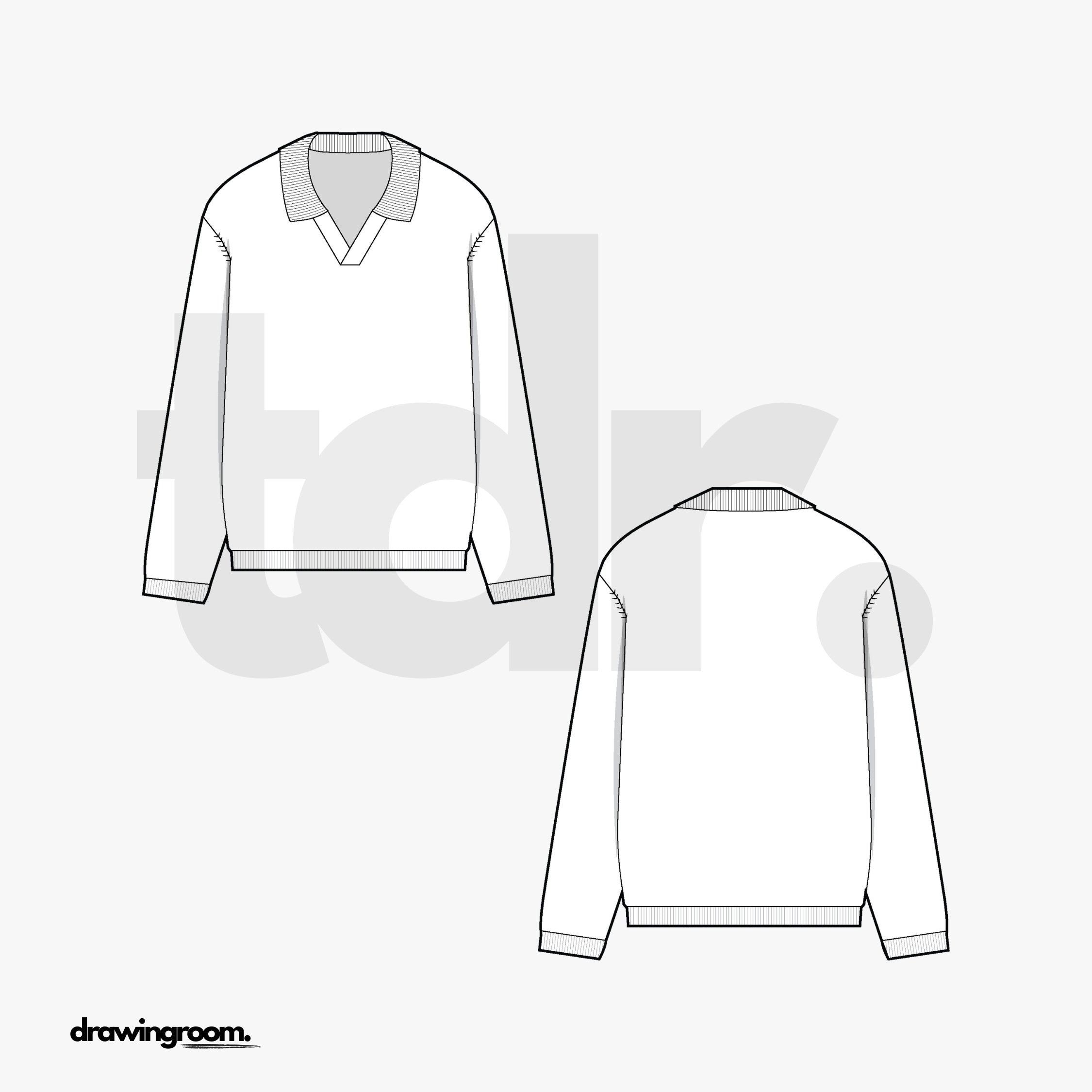 Relaxed Fit Buttonless Long Sleeve Polo Shirt with Ribbed Collar - Flat Mockup Vector