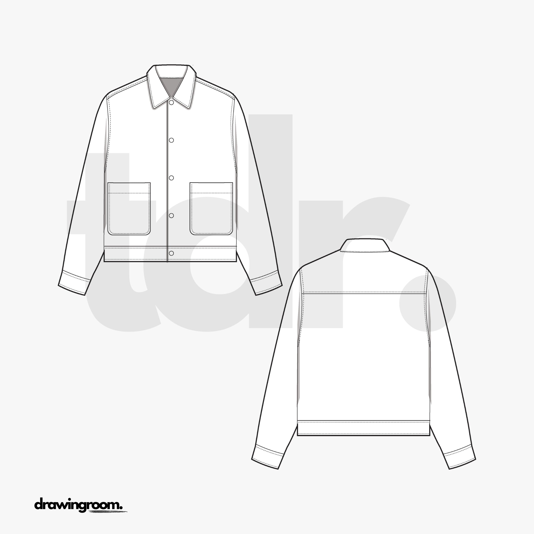 Relaxed Fit Button Up Over Shirt with Square Patch Pockets - Flat Mockup Vector