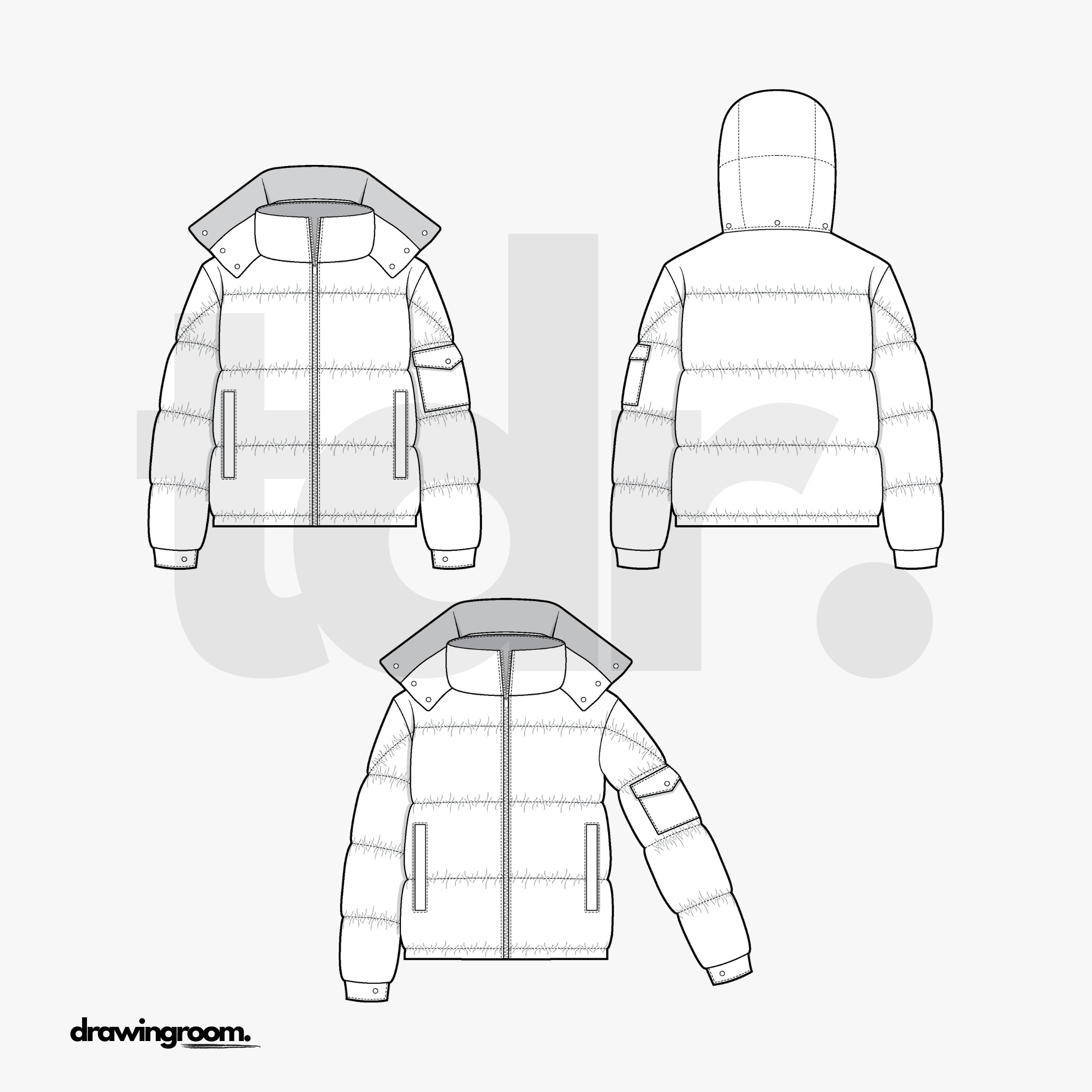 Hooded Puffer Jacket with Welt Pockets - Flat Mockup Vector