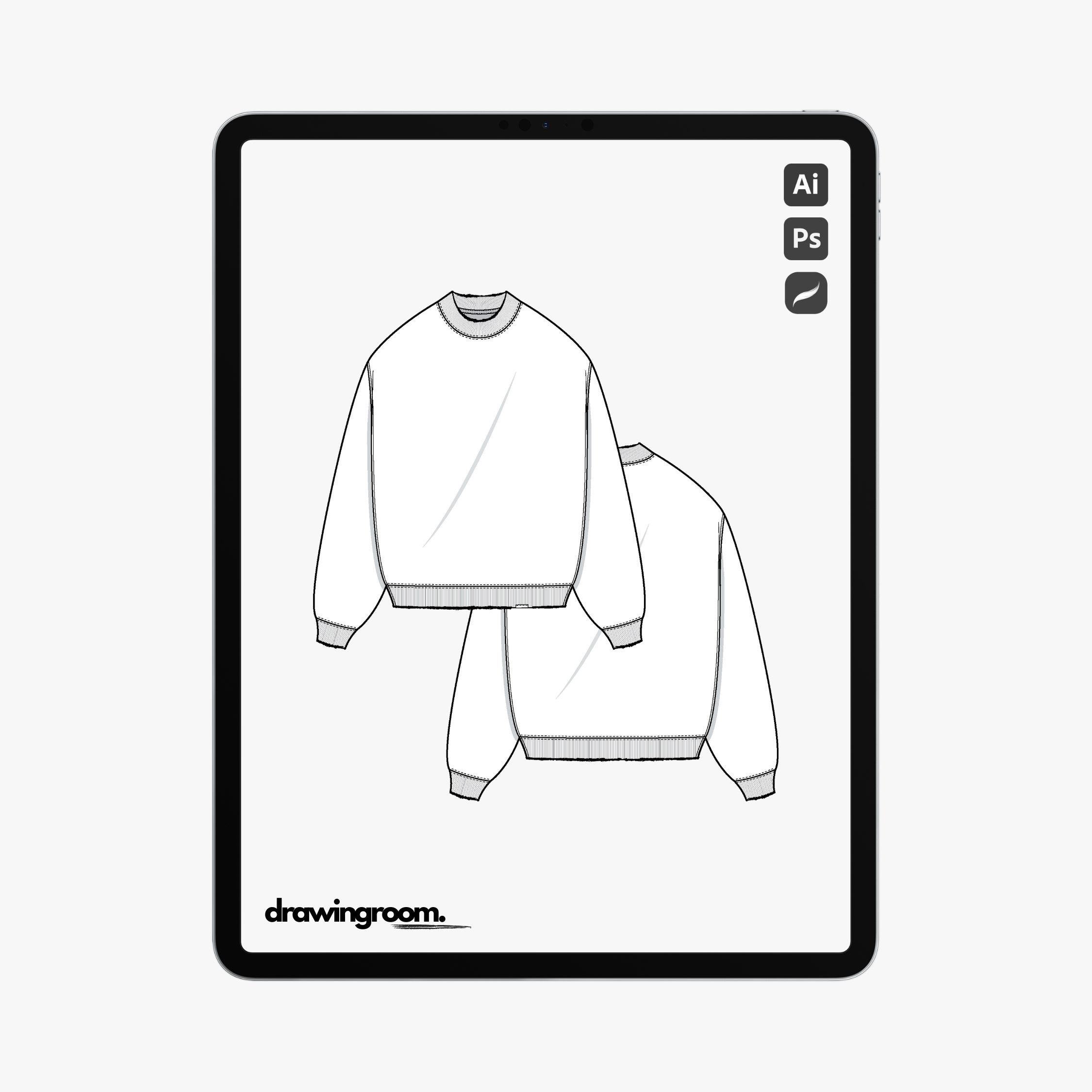 Relaxed Fit Long Sleeve Pullover Crewneck - Flat Mockup Vector