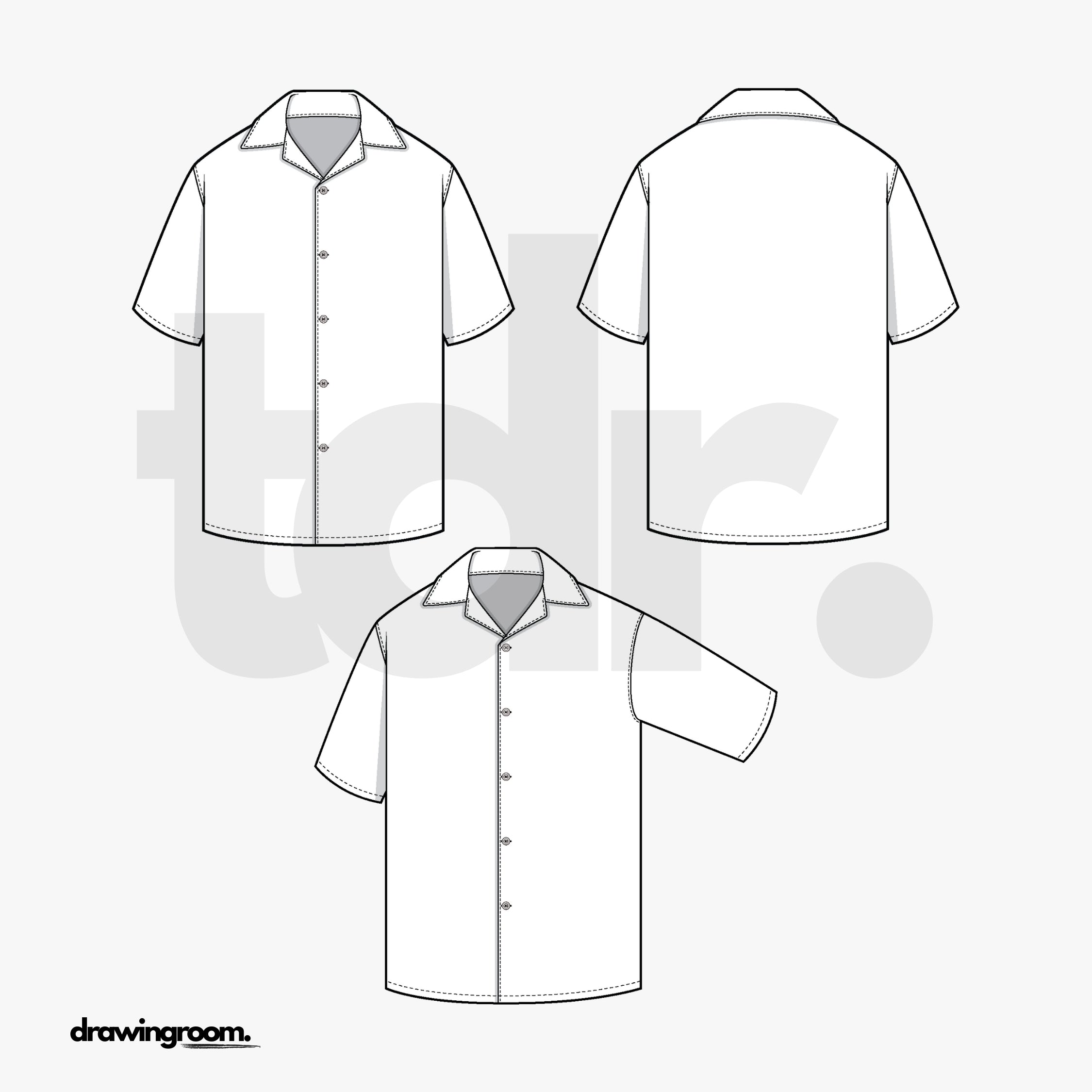 Slim Fit Short Sleeve Button Up with Convertible Collar - Flat Mockup Vector