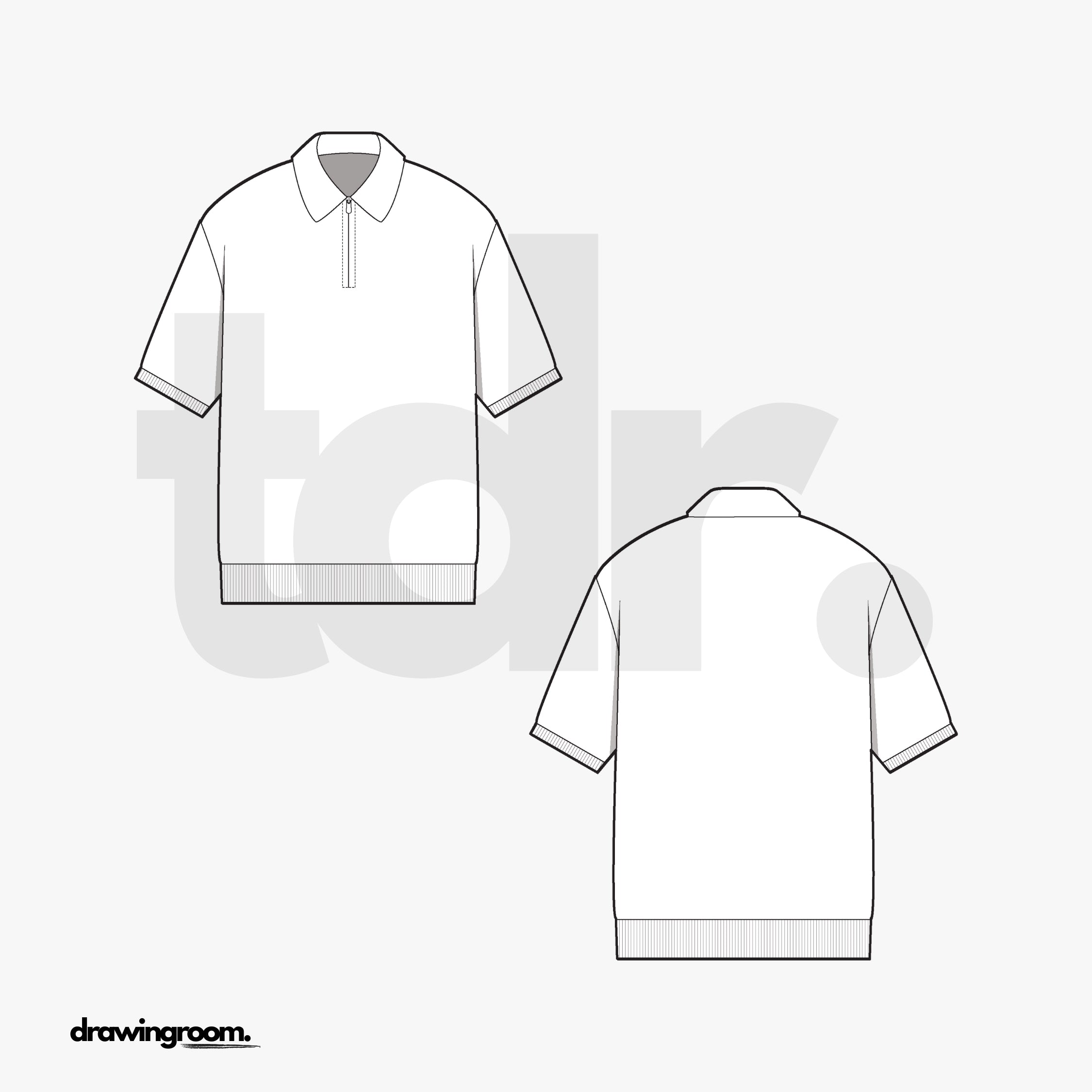 Slim Fit Zip Up Short Sleeve Polo Shirt With Cuff and Hem Ribbing - Flat Mockup Vector