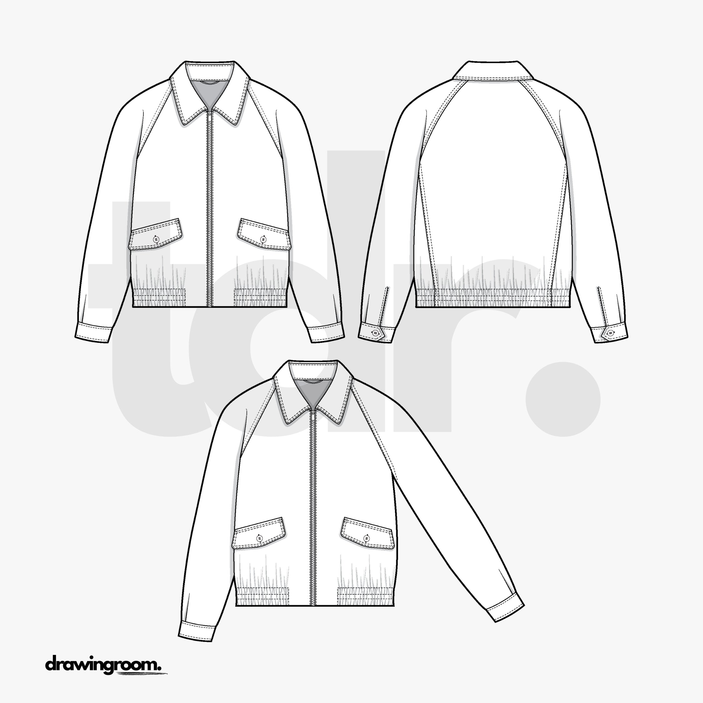 Slim Fit Long Bomber Zip Jacket with Convertible Collar and Flap Pockets - Flat Mockup Vector