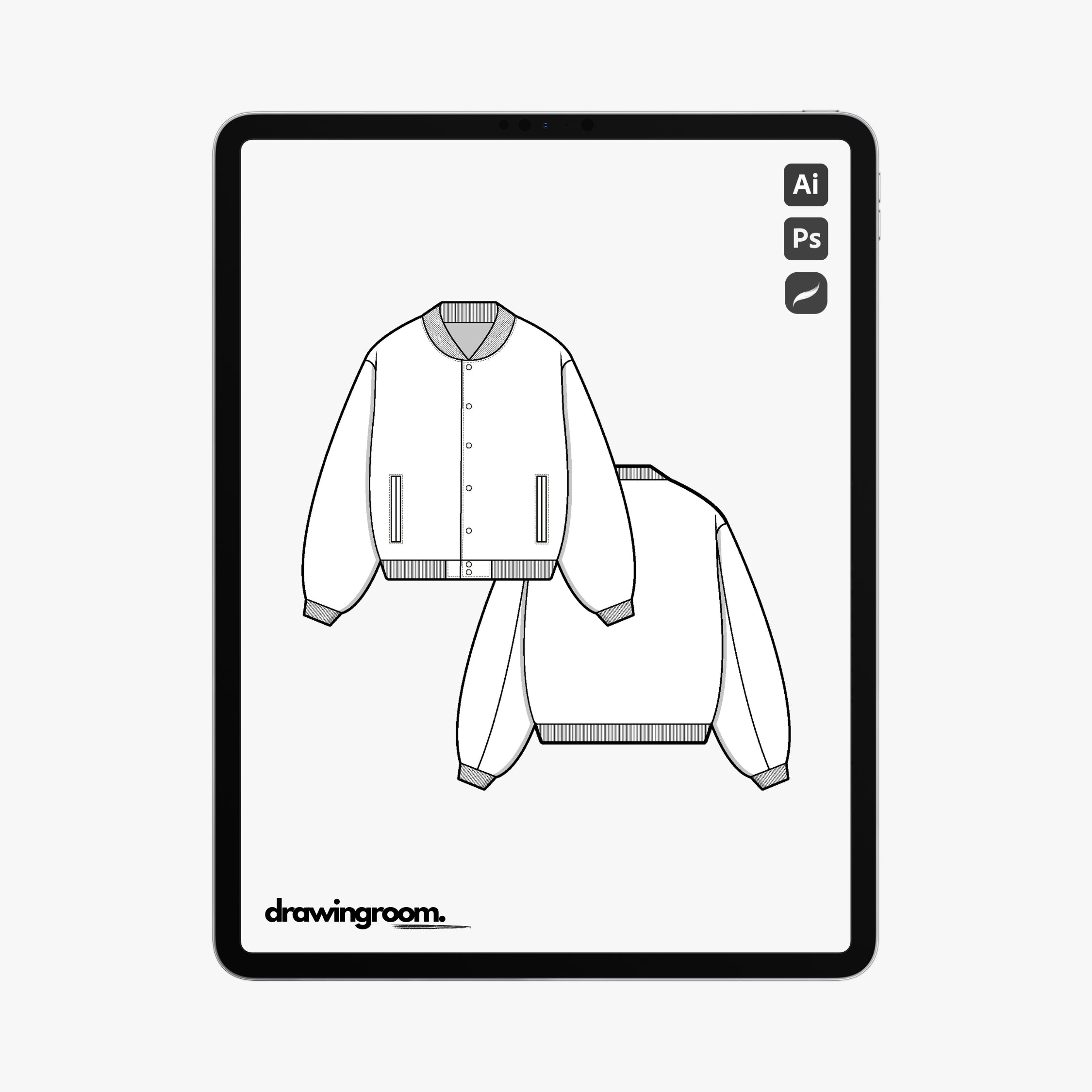 Relaxed Fit Button Up Bomber Jacket with Ribbed Collar and Double Welt Pockets - Flat Mockup Vector