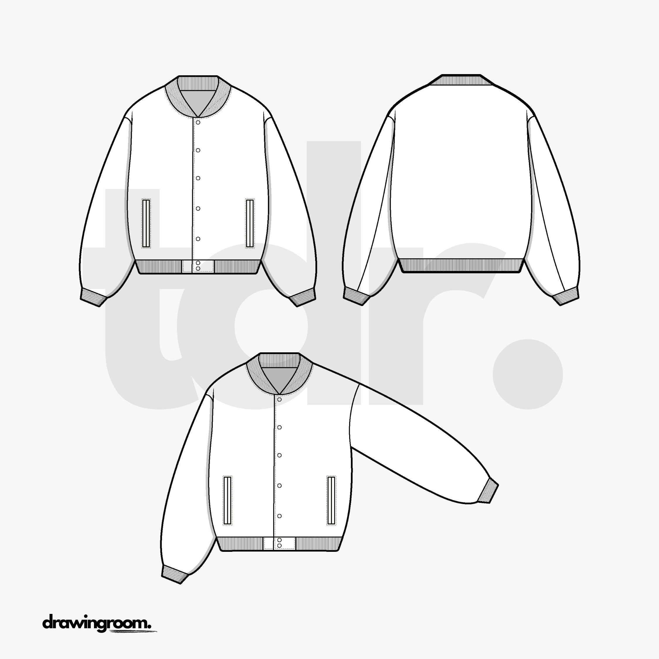 Relaxed Fit Button Up Bomber Jacket with Ribbed Collar and Double Welt Pockets - Flat Mockup Vector