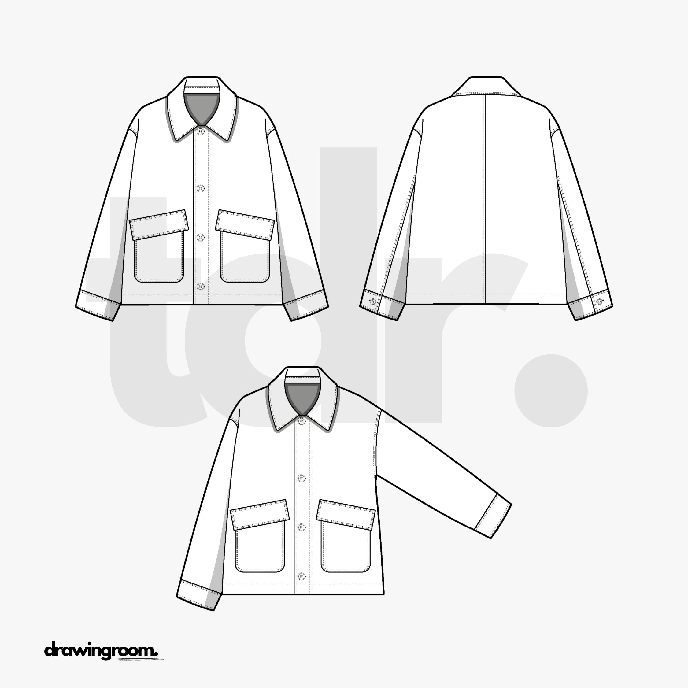 Relaxed Fit Button Up Jacket with Pockets with Flaps - Flat Mockup Vector