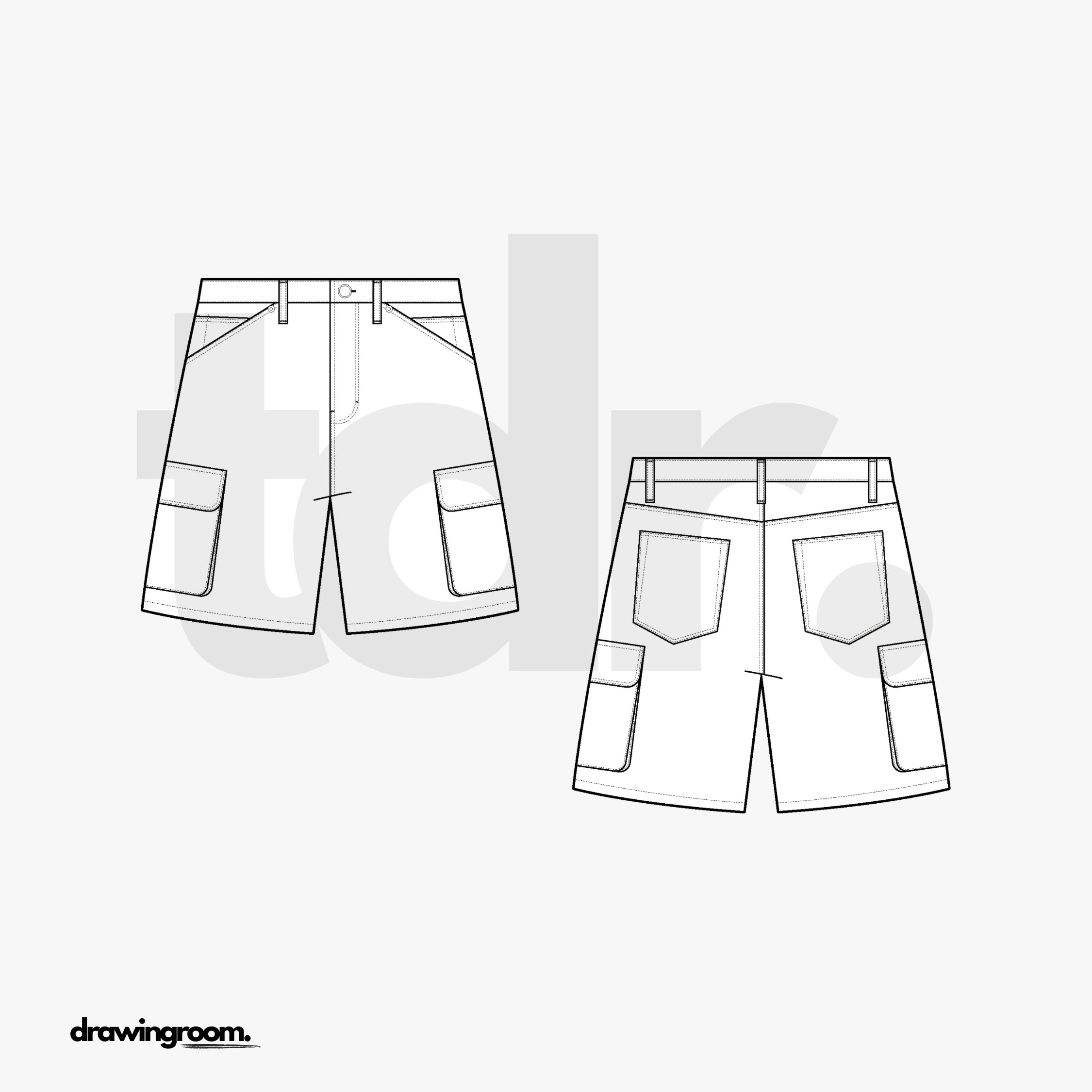 Relaxed Fit Cargo Shorts with Back Yoke - Flat Mockup Vector