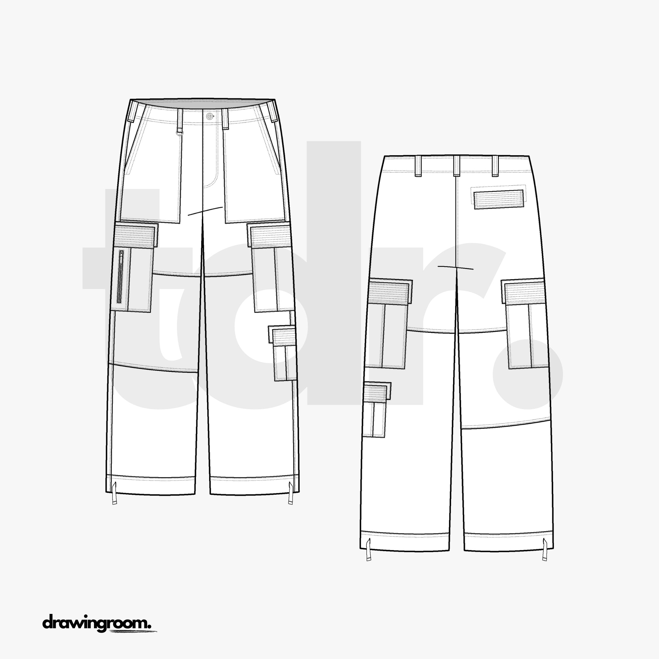 Relaxed Fit Cropped Cargo Pants with Draw String Hem - Flat Mockup Vector