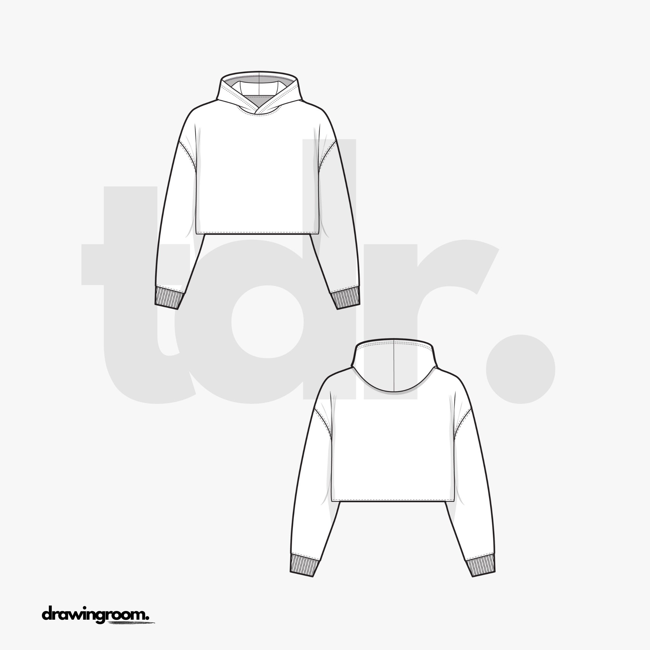 Relaxed Fit Cropped Pullover Hoodie with no Hem Ribbing - Flat Mockup Vector