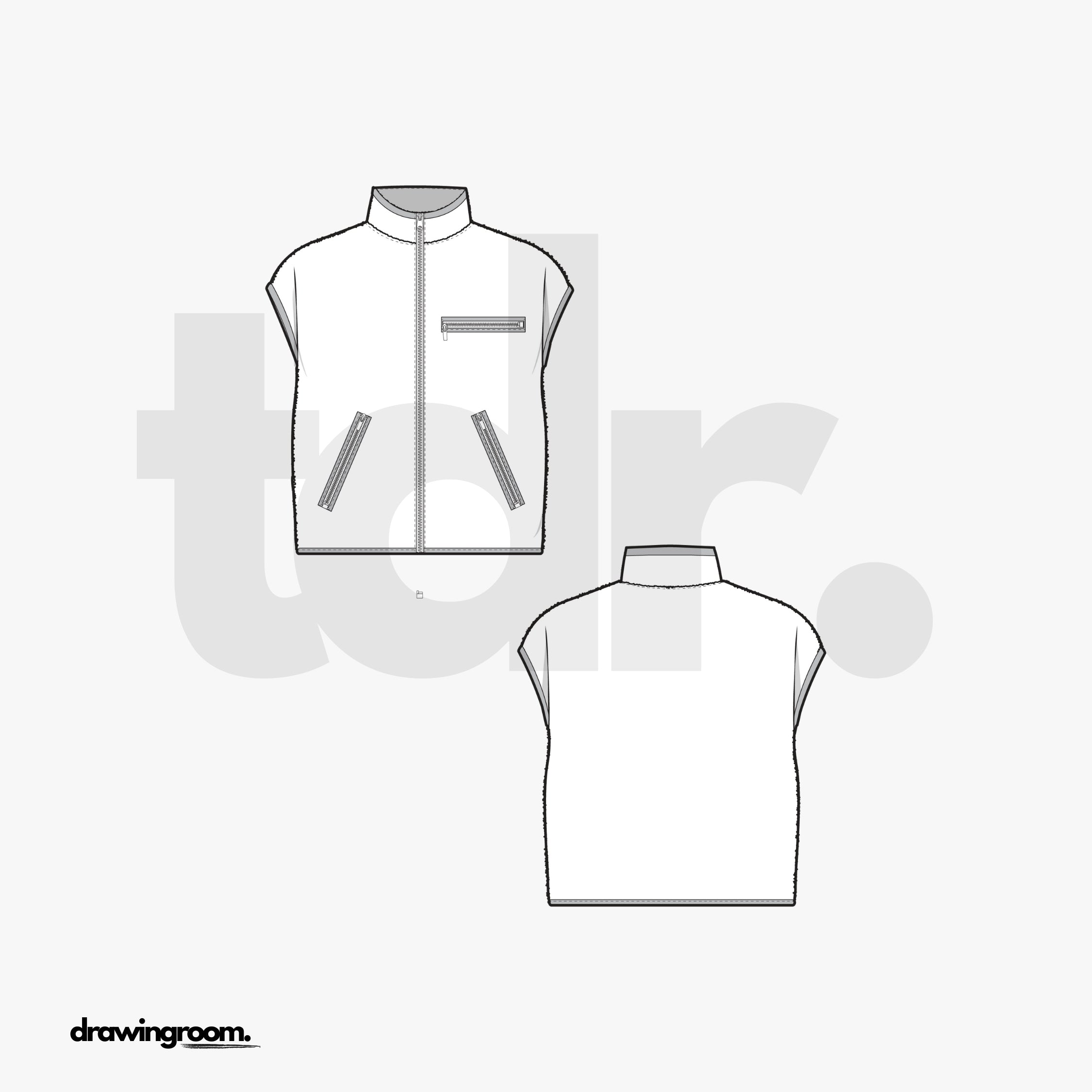 Relaxed Fit Cropped Zip Up Fleece Vest with Chest Zip Pocket - Flat Mockup Vector