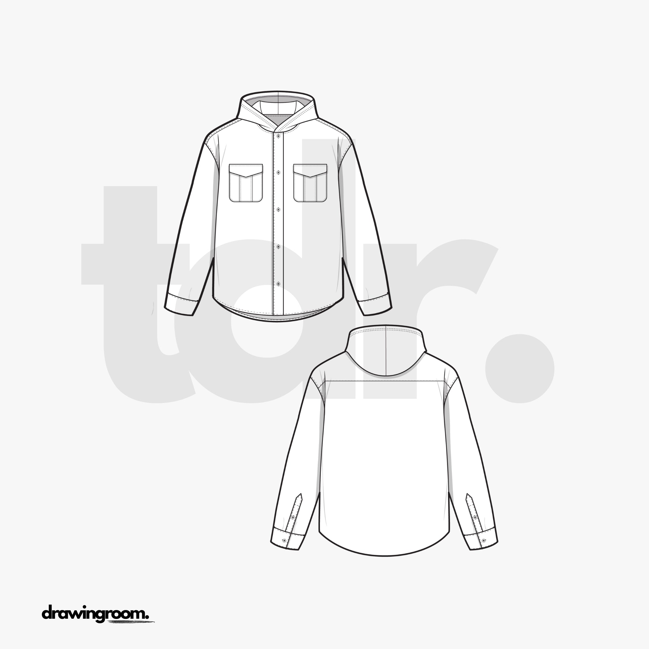 Relaxed Fit Hooded Shacket with Patch Pockets with Flaps - Flat Mockup Vector