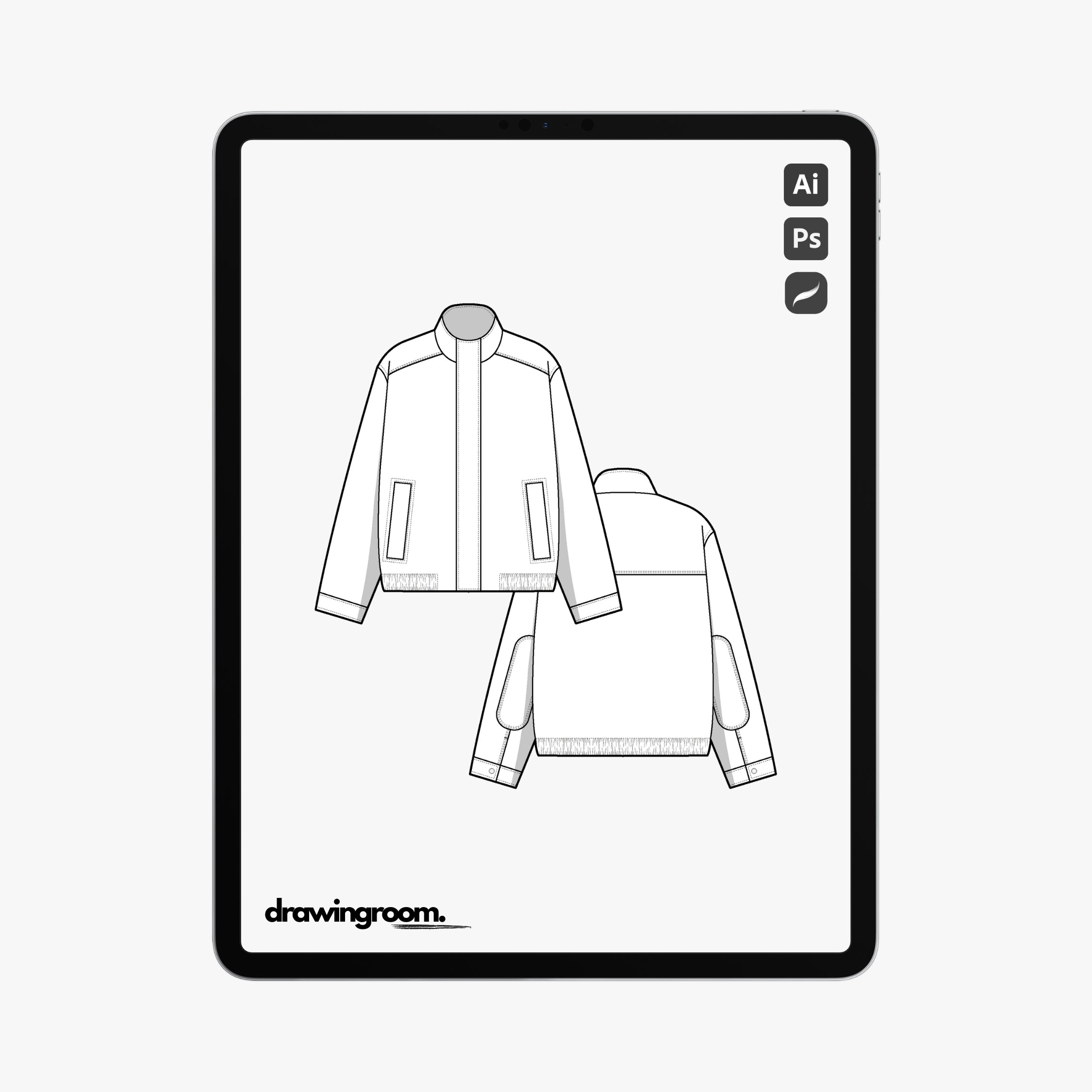 Relaxed Fit Jacket with Hidden Closure Placket and Oversized Welt Pockets - Flat Mockup Vector