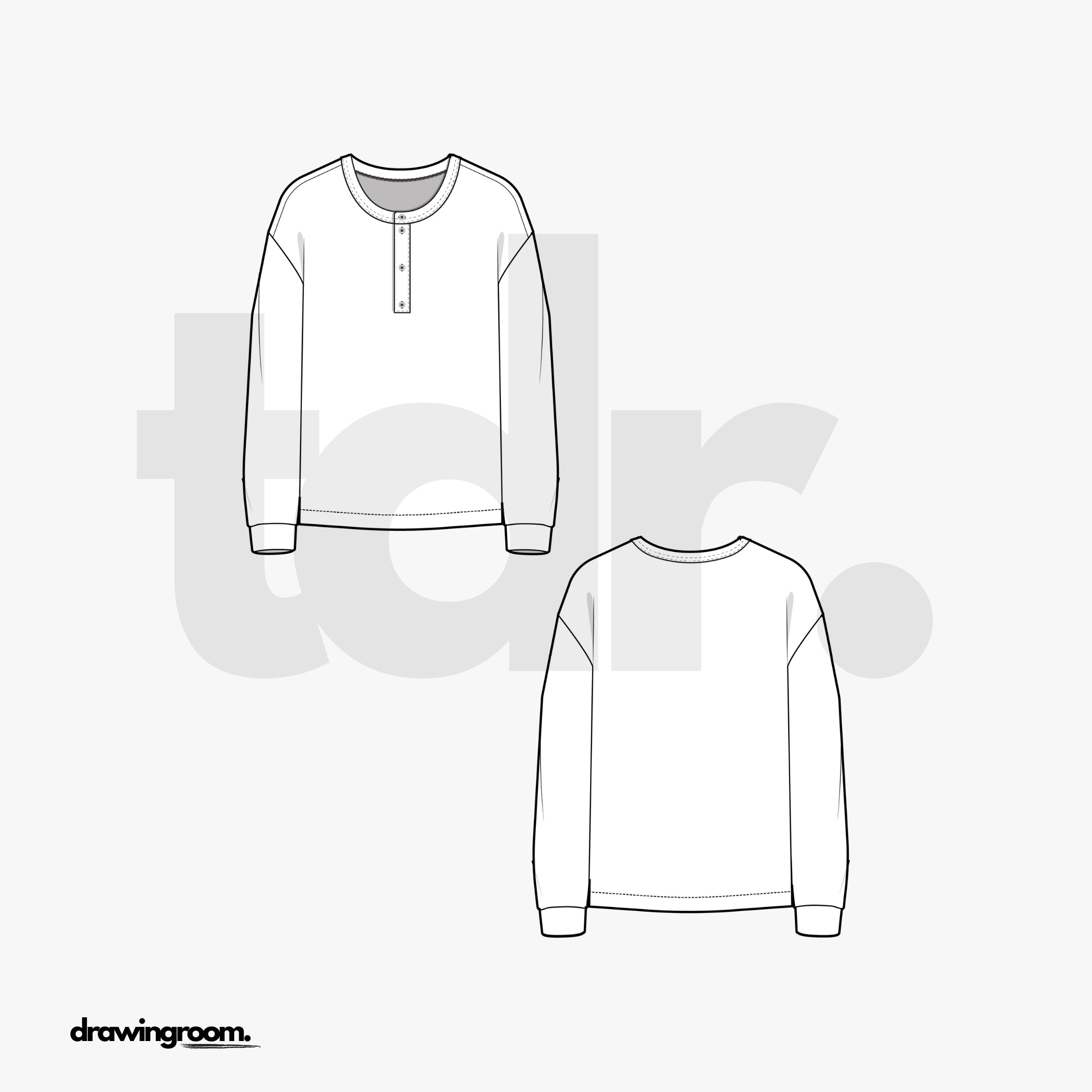 Relaxed Fit Long Sleeve Button Up Henley Shirt - Flat Mockup Vector