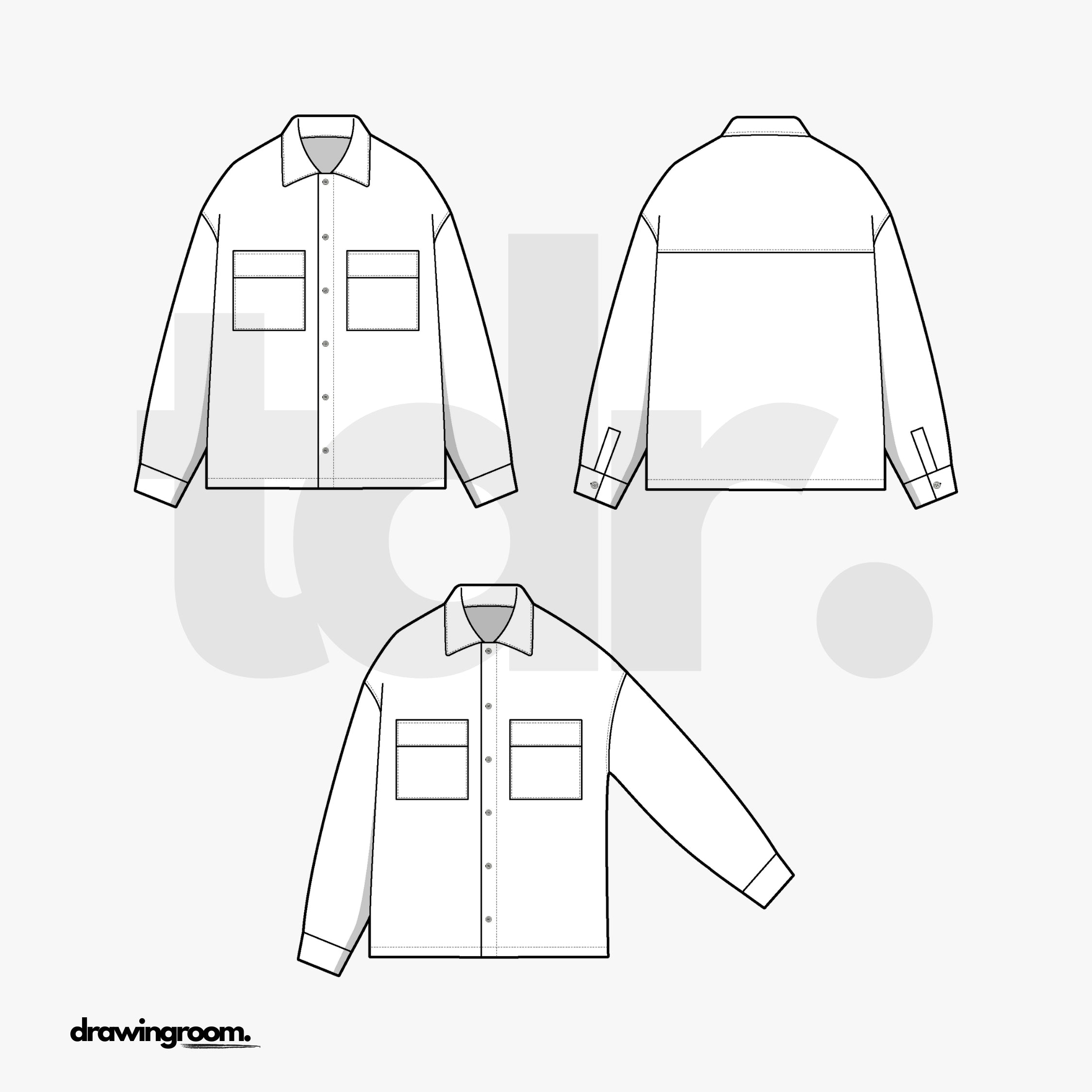 Relaxed Fit Long Sleeve Button Up Over Shirt with To Patch Pockets - Flat Mockup Vector