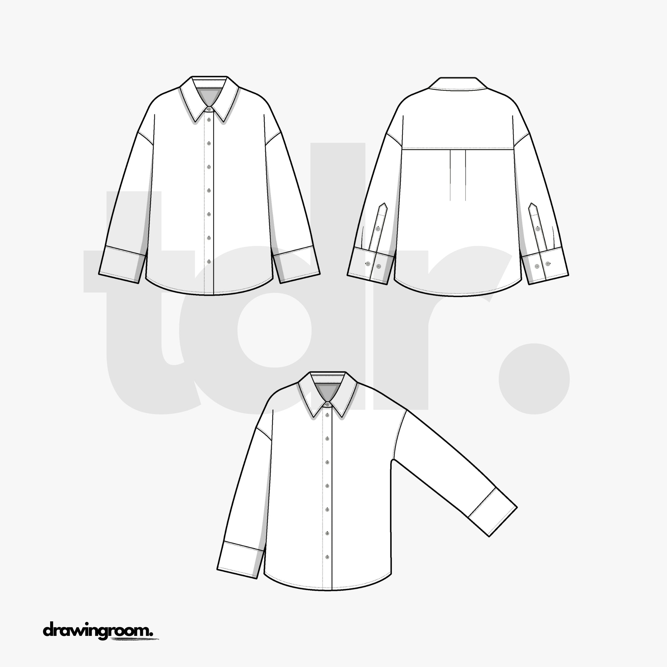 Relaxed Fit Long Sleeve Button Up Shirt with Back Yoke and Pleat - Flat Mockup Vector