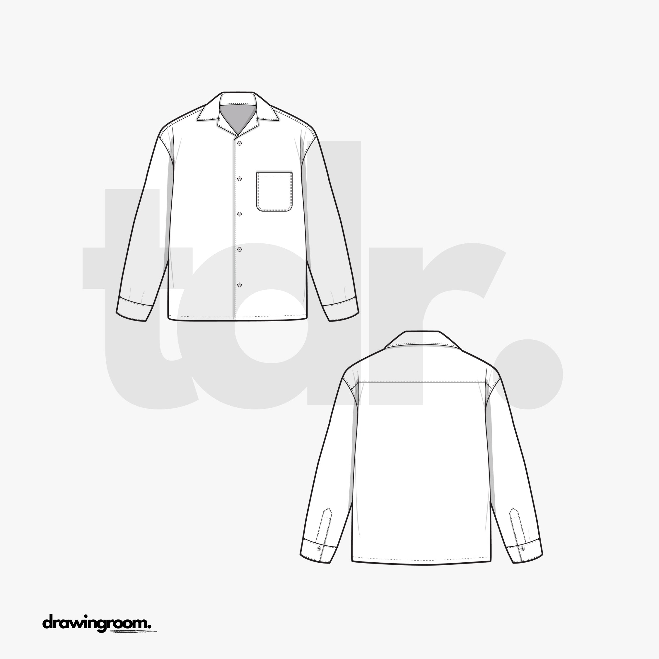 Relaxed Fit Long Sleeve Button Up Shirt with Chest Pocket - Flat Mockup Vector