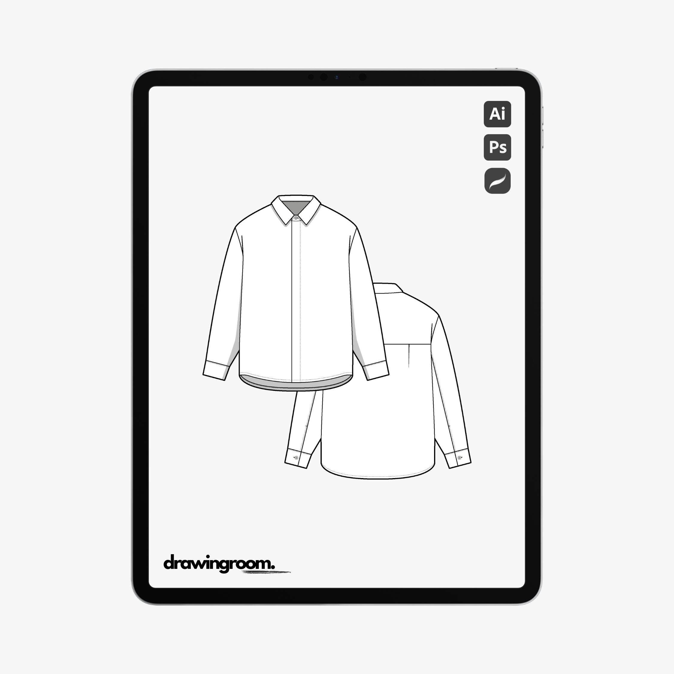 Relaxed Fit Long Sleeve Button Up Shirt with Hidden Button Placket - Flat Mockup Vector