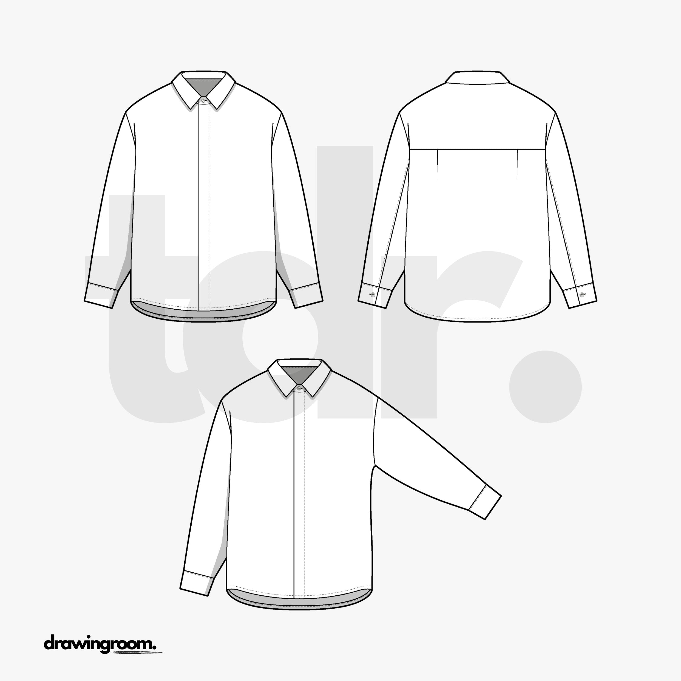 Relaxed Fit Long Sleeve Button Up Shirt with Hidden Button Placket - Flat Mockup Vector