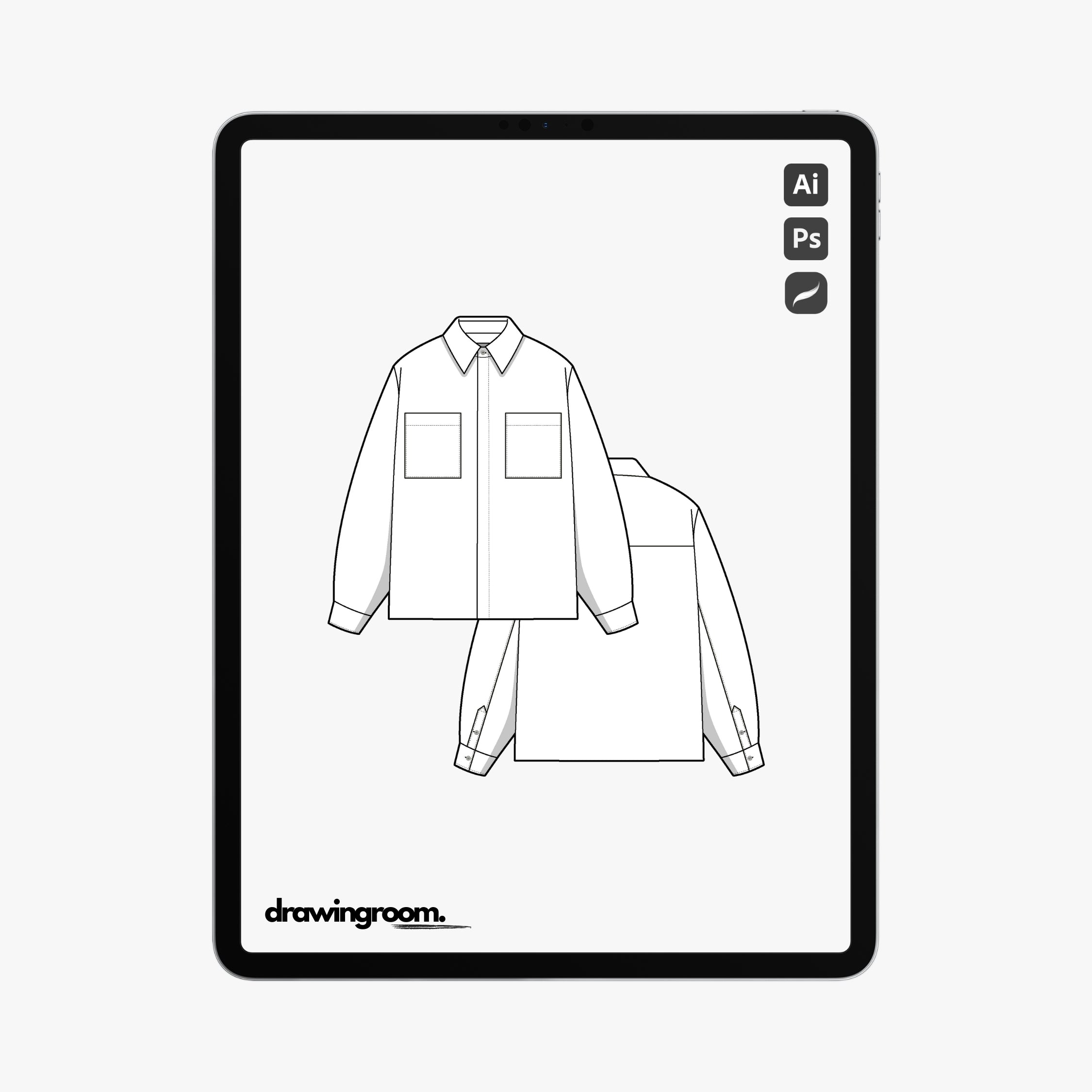 Relaxed Fit Long Sleeve Button Up Shirt with Hidden Button Placket and Patch Pockets - Flat Mockup Vector