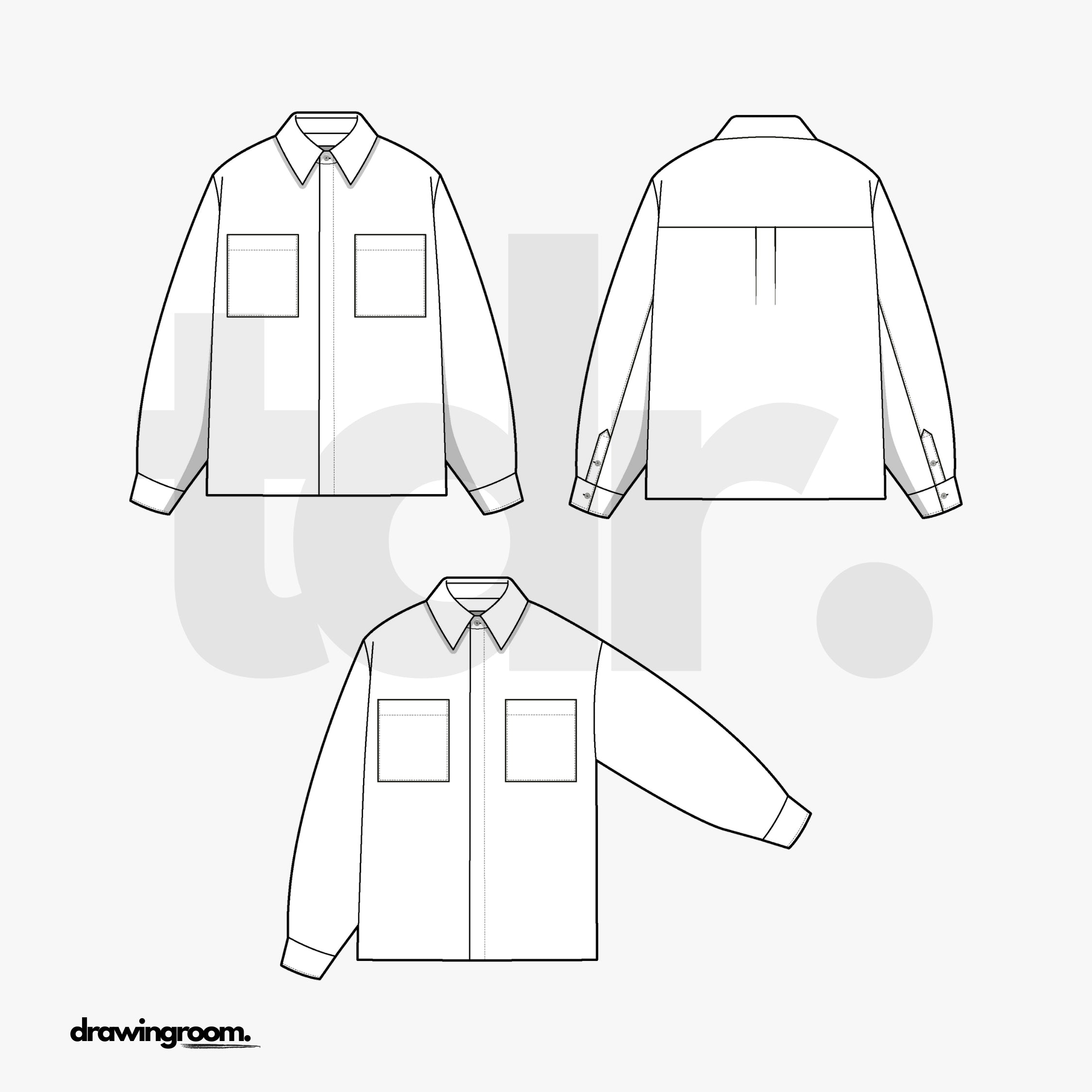 Relaxed Fit Long Sleeve Button Up Shirt with Hidden Button Placket and Patch Pockets - Flat Mockup Vector