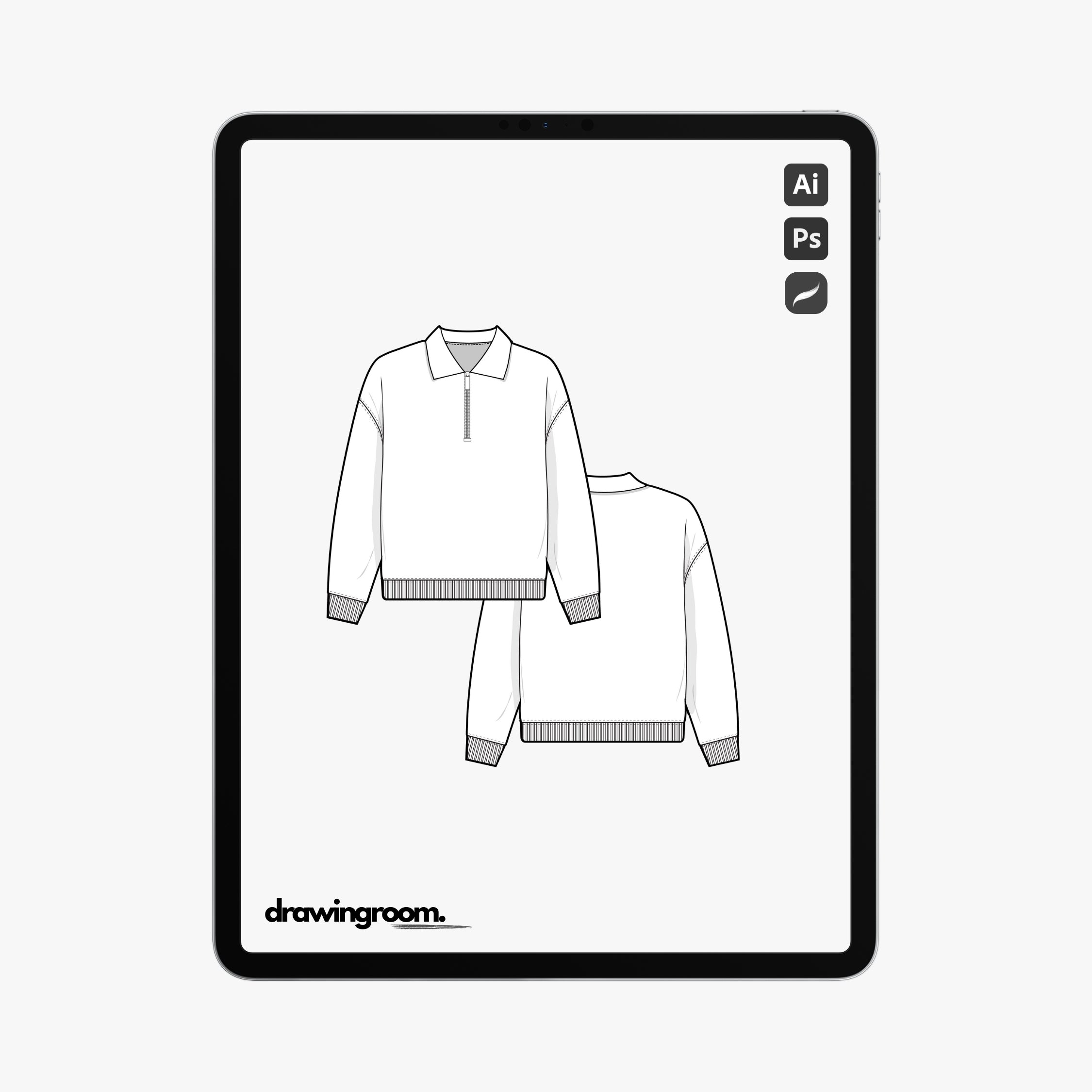 Relaxed Fit Long Sleeve Zip Up Polo Pullover Sweater - Flat Mockup Vector