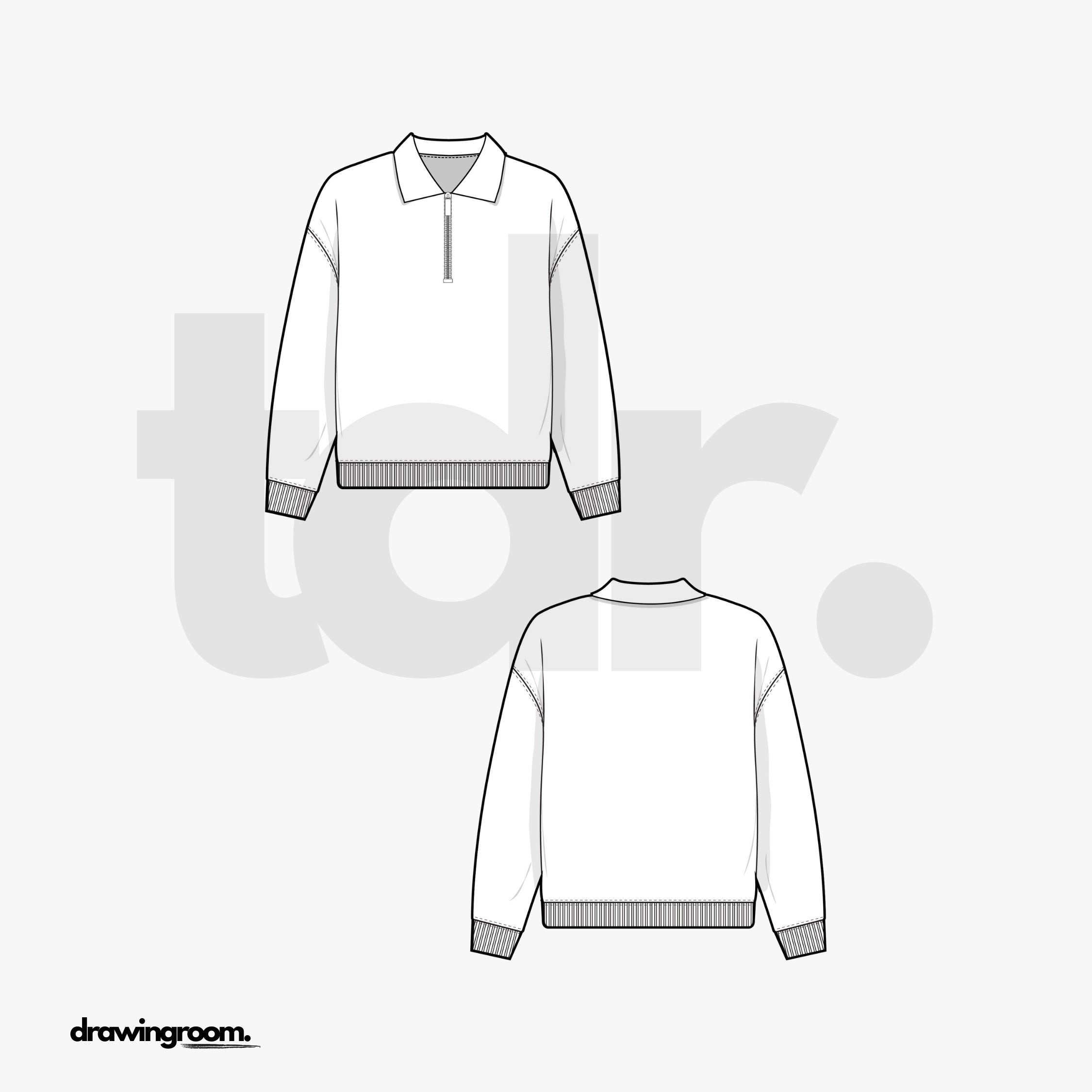 Relaxed Fit Long Sleeve Zip Up Polo Pullover Sweater - Flat Mockup Vector