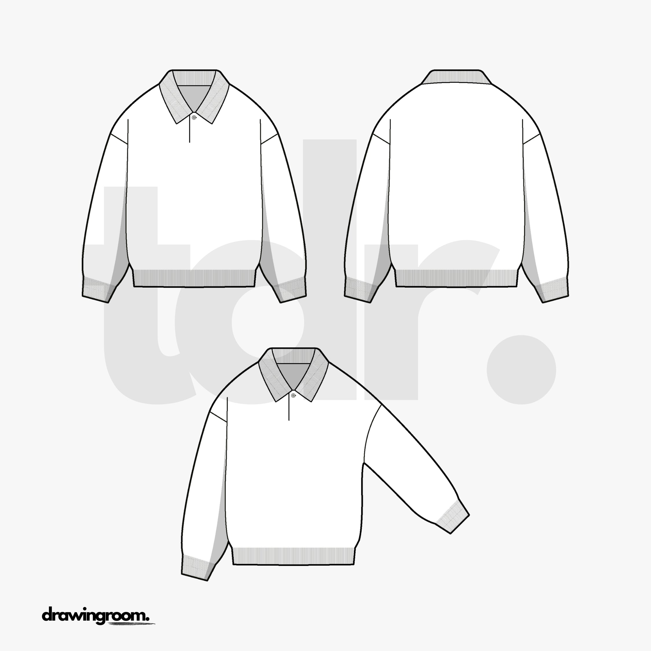 Relaxed Fit Polo Sweatshirt with Single Button Closure - Flat Mockup Vector