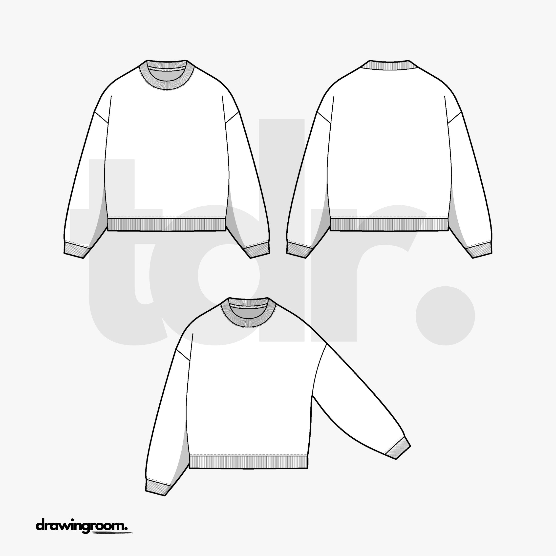 Relaxed Fit Pullover Sweater with Ribbed Neck, Hem and Cuff - Flat Mockup Vector