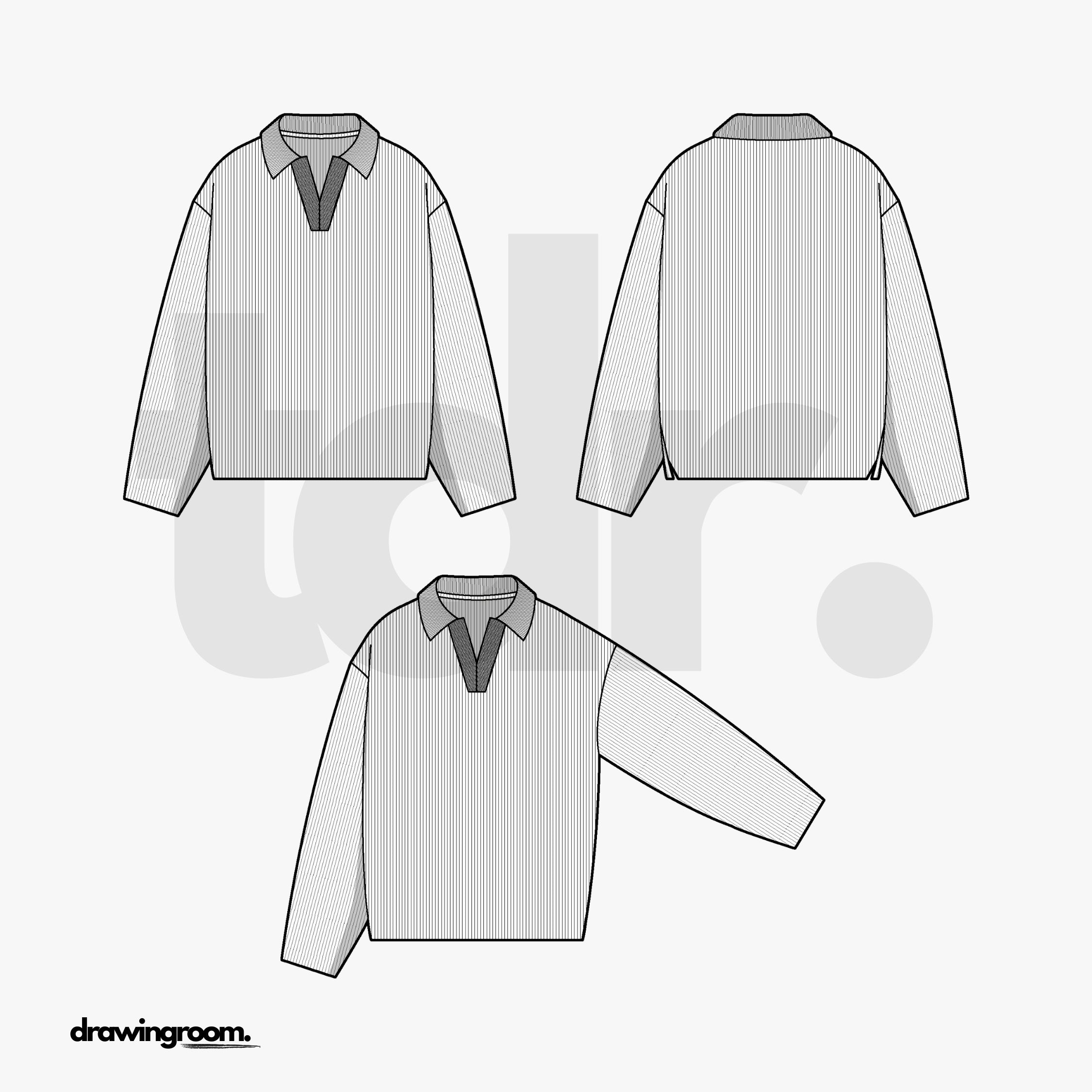 Relaxed Fit Ribbed Polo Sweater - Flat Mockup Vector