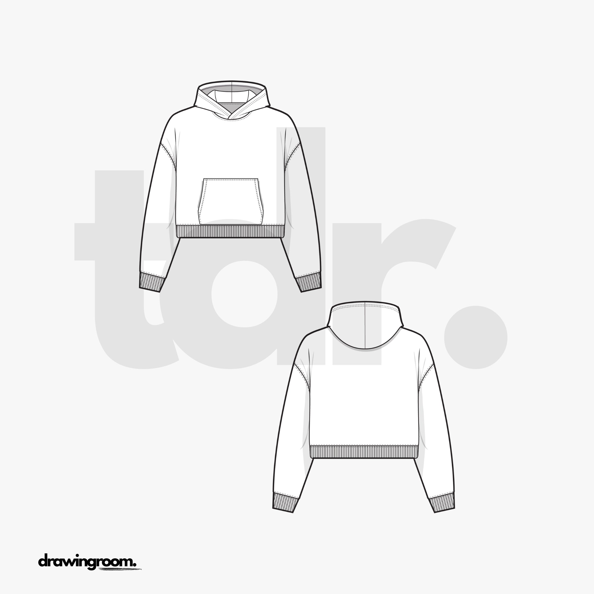 Relaxed Fit Ultra Cropped Pullover Hoodie with Kangaroo Pouch - Flat Mockup Vector