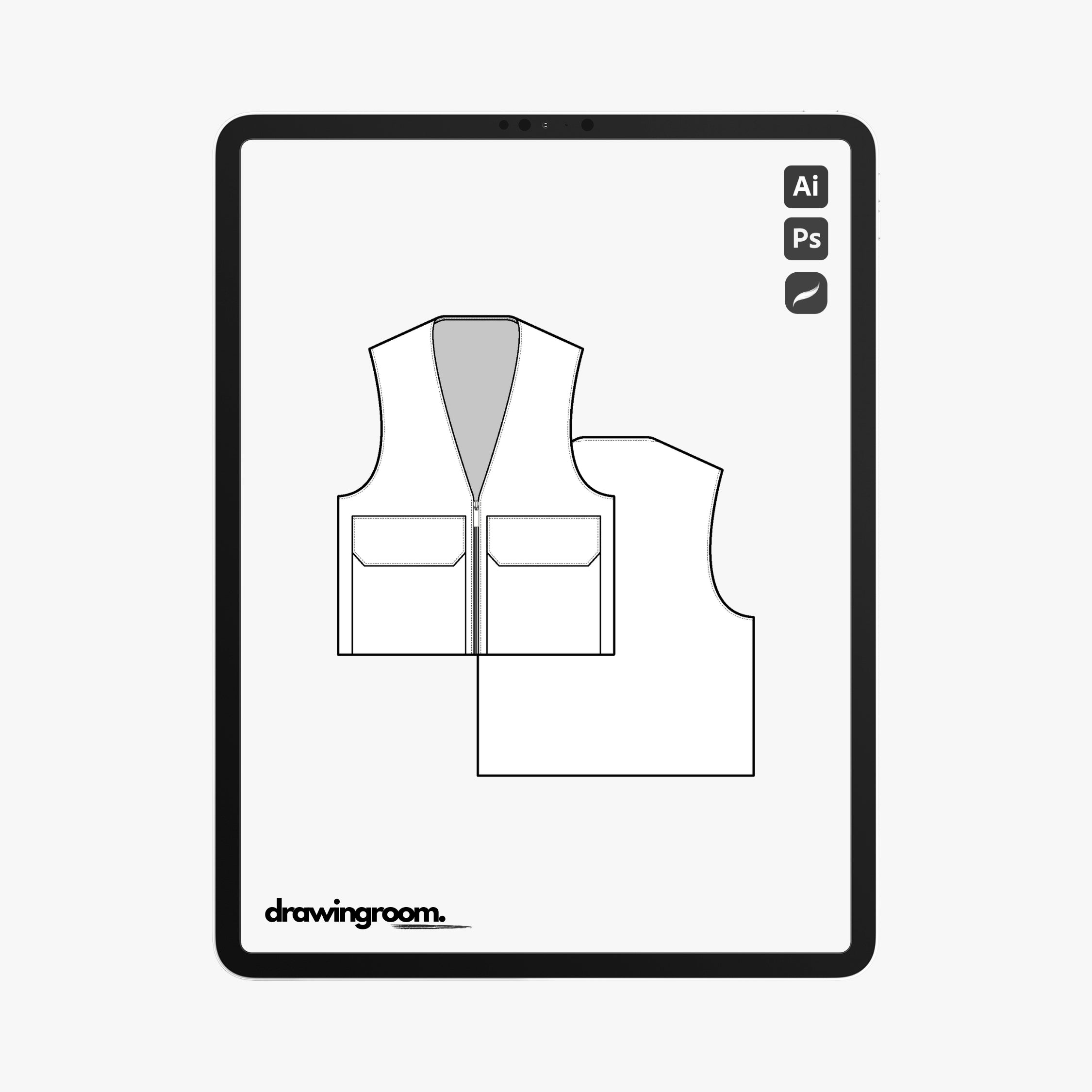 Relaxed Fit Utility Vest with Oversized Flap Pockets - Flat Mockup Vector