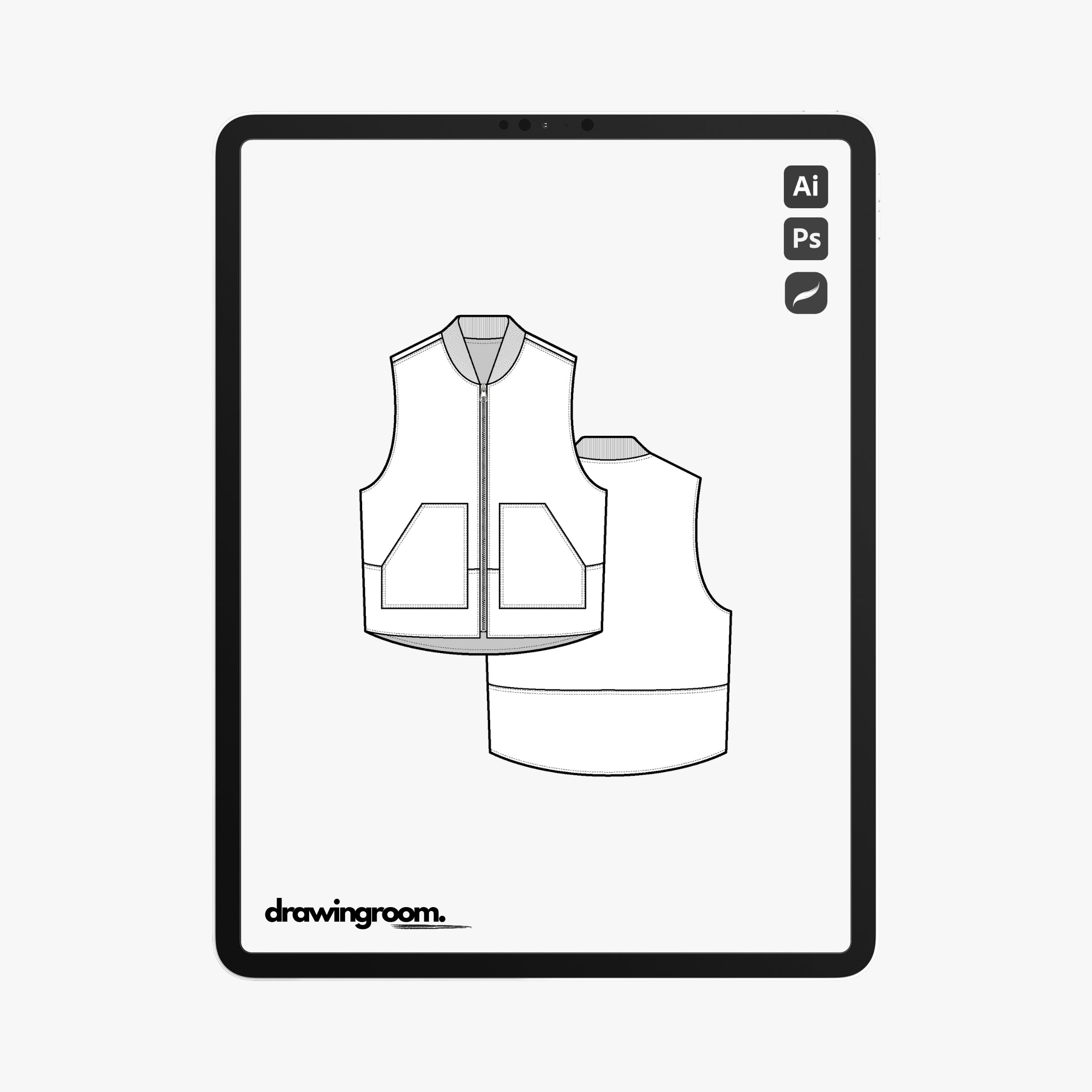 Relaxed Fit Utility Vest with Ribbed Collar - Flat Mockup Vector