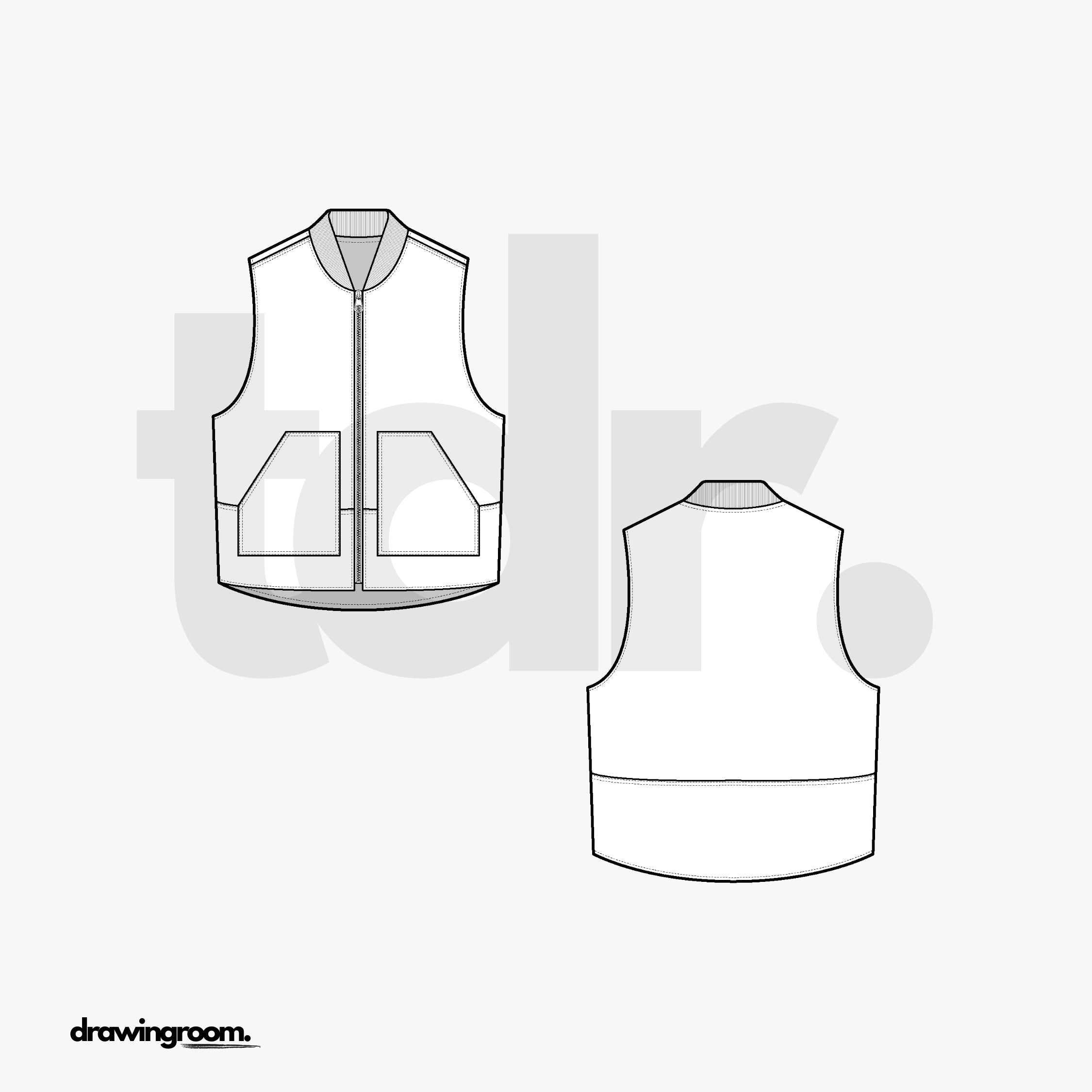 Relaxed Fit Utility Vest with Ribbed Collar - Flat Mockup Vector