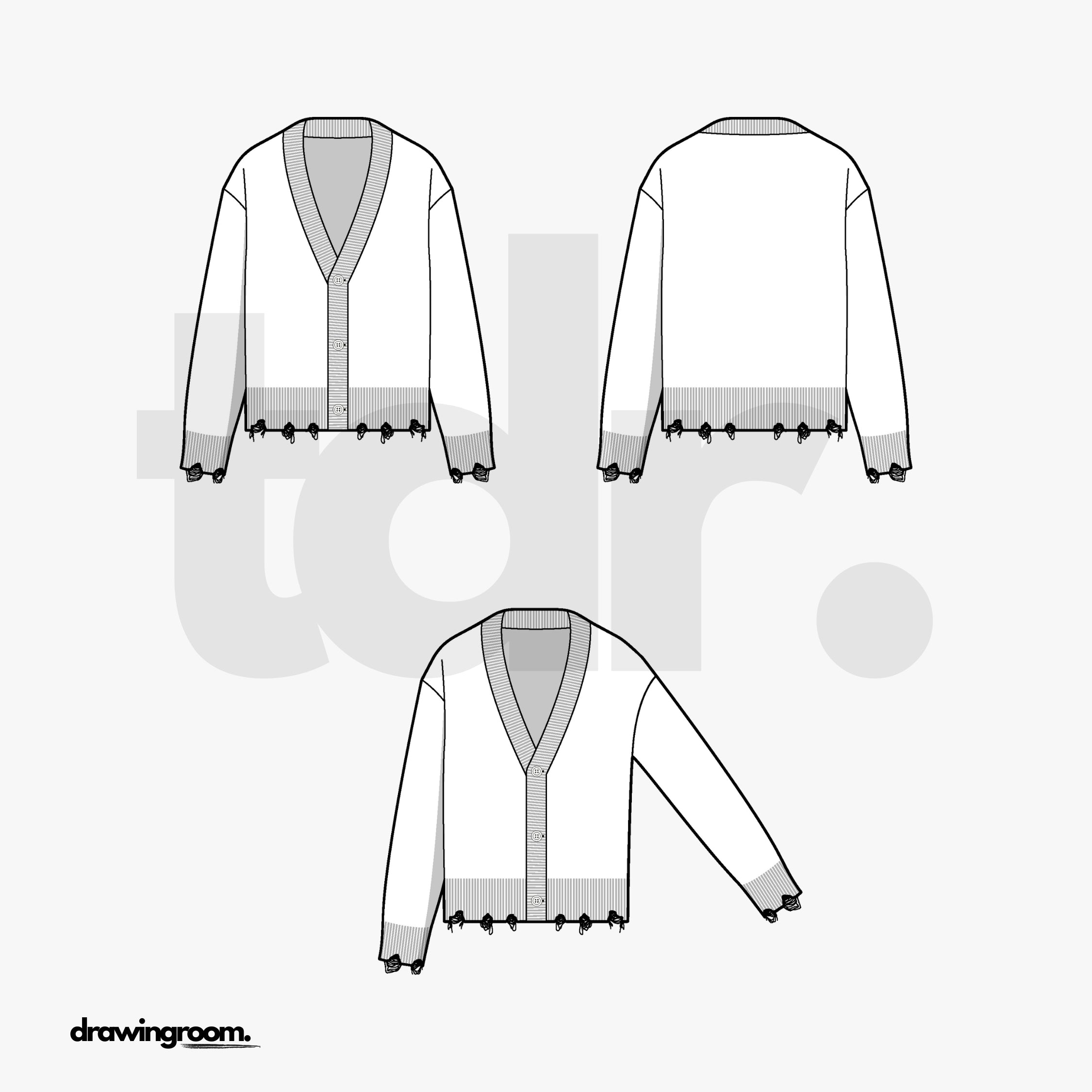 Relaxed Fit V-Neck Button Up Cardigan with Distressed Ribbed Placket - Flat Mockup Vector