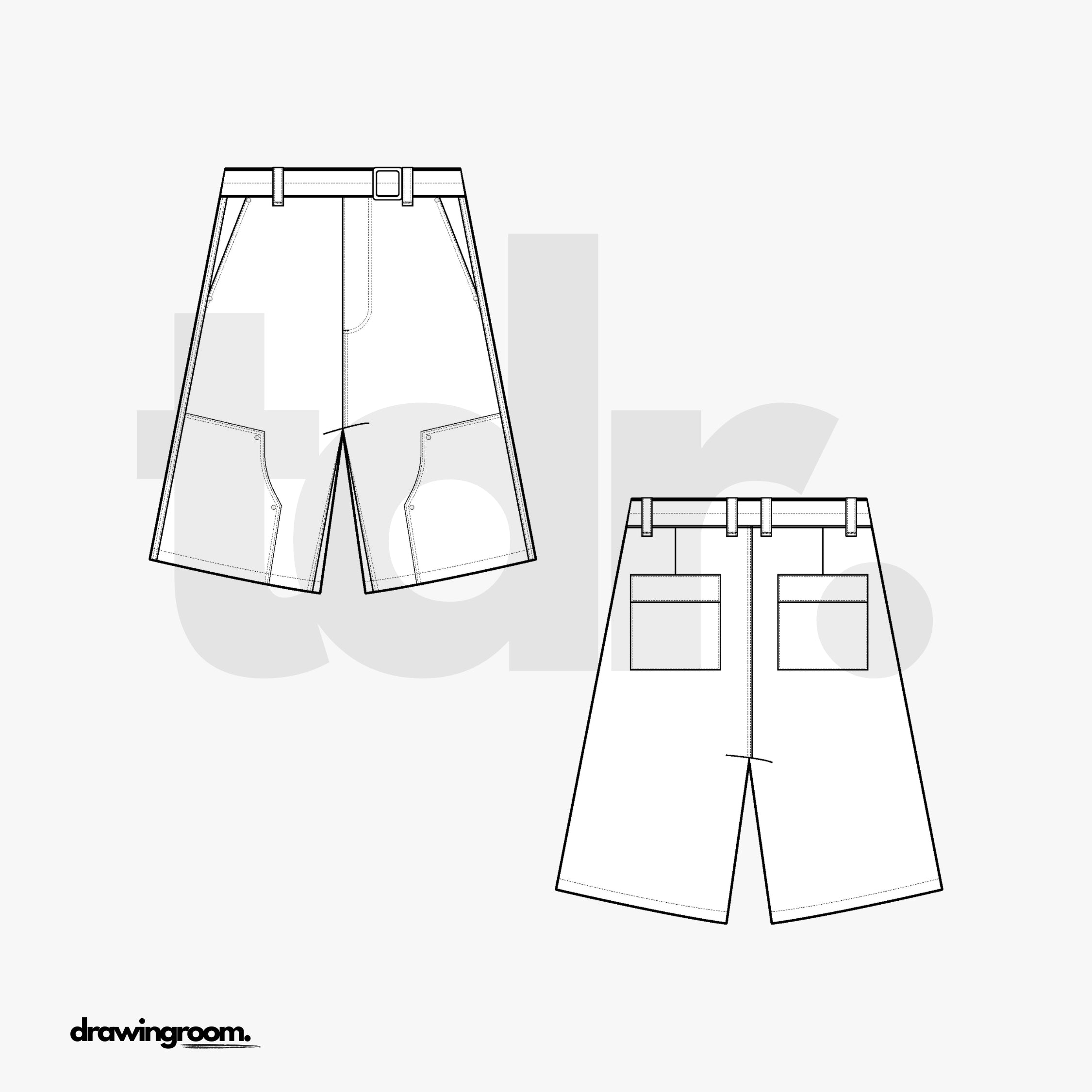 Relaxed Fit Workwear Jorts with Belt - Flat Mockup Vector