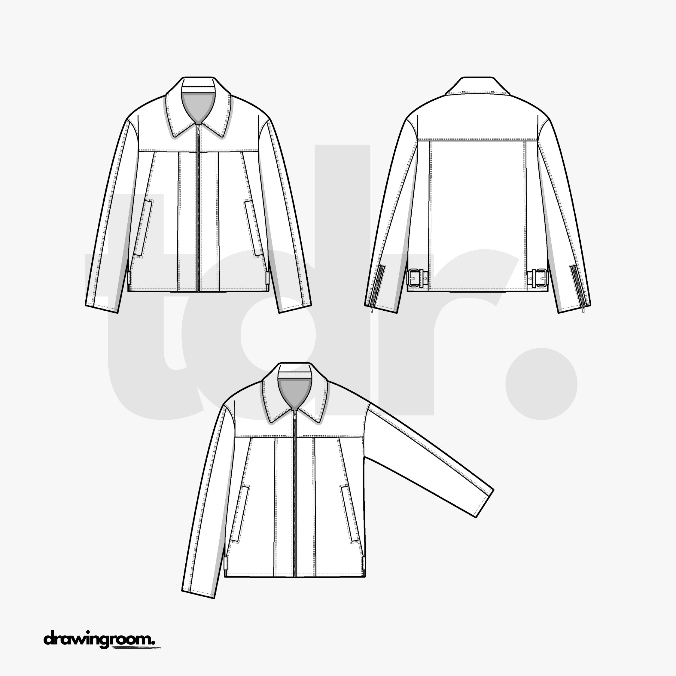 Relaxed Fit Zip Up Biker Jacket with Cut Side Hem Adjusters - Flat Mockup Vector