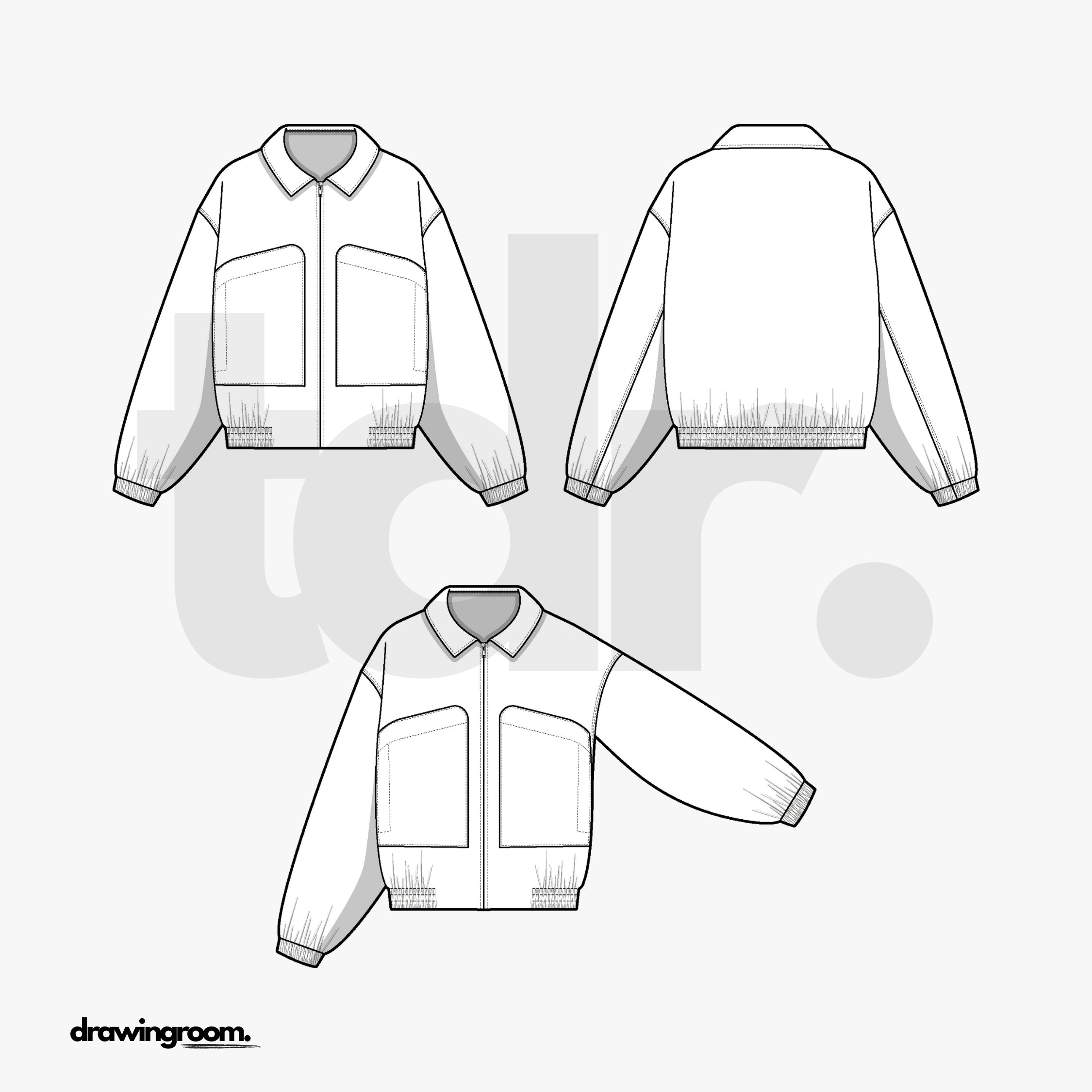 Relaxed Fit Zip Up Bomber Jacket with Oversized Chest Pockets - Flat Mockup Vector