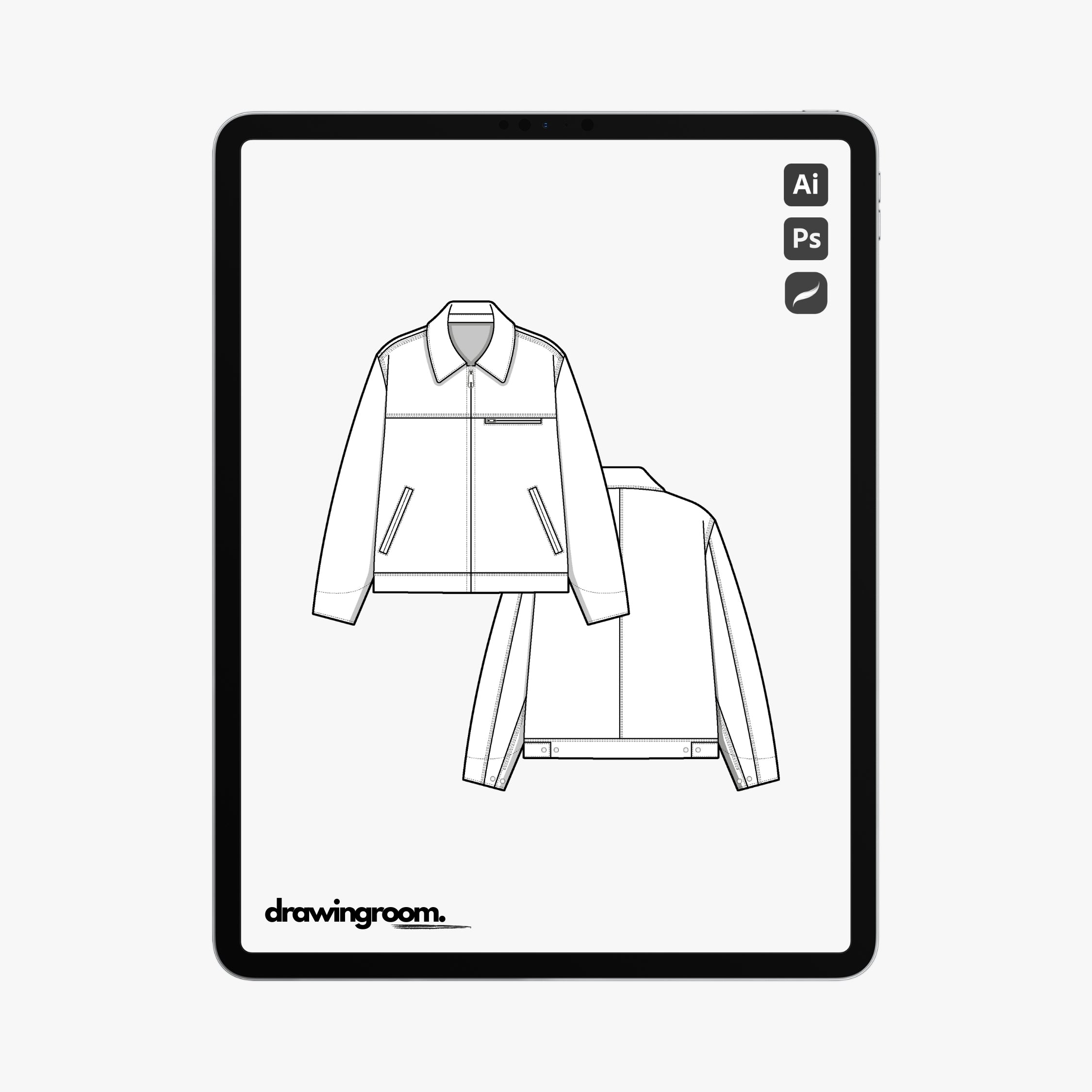 Relaxed Fit Zip Up Harrington Jacket with Front Yoke and Double Welt Pocket - Flat Mockup Vector