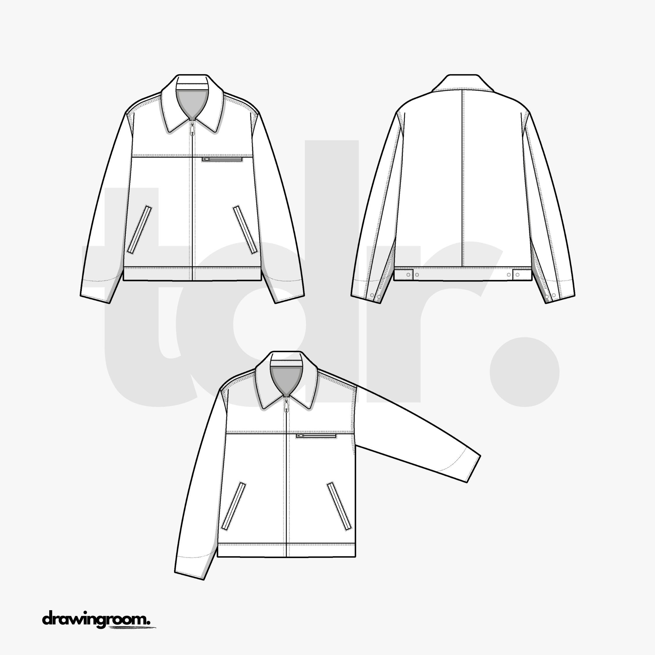 Relaxed Fit Zip Up Harrington Jacket with Front Yoke and Double Welt Pocket - Flat Mockup Vector