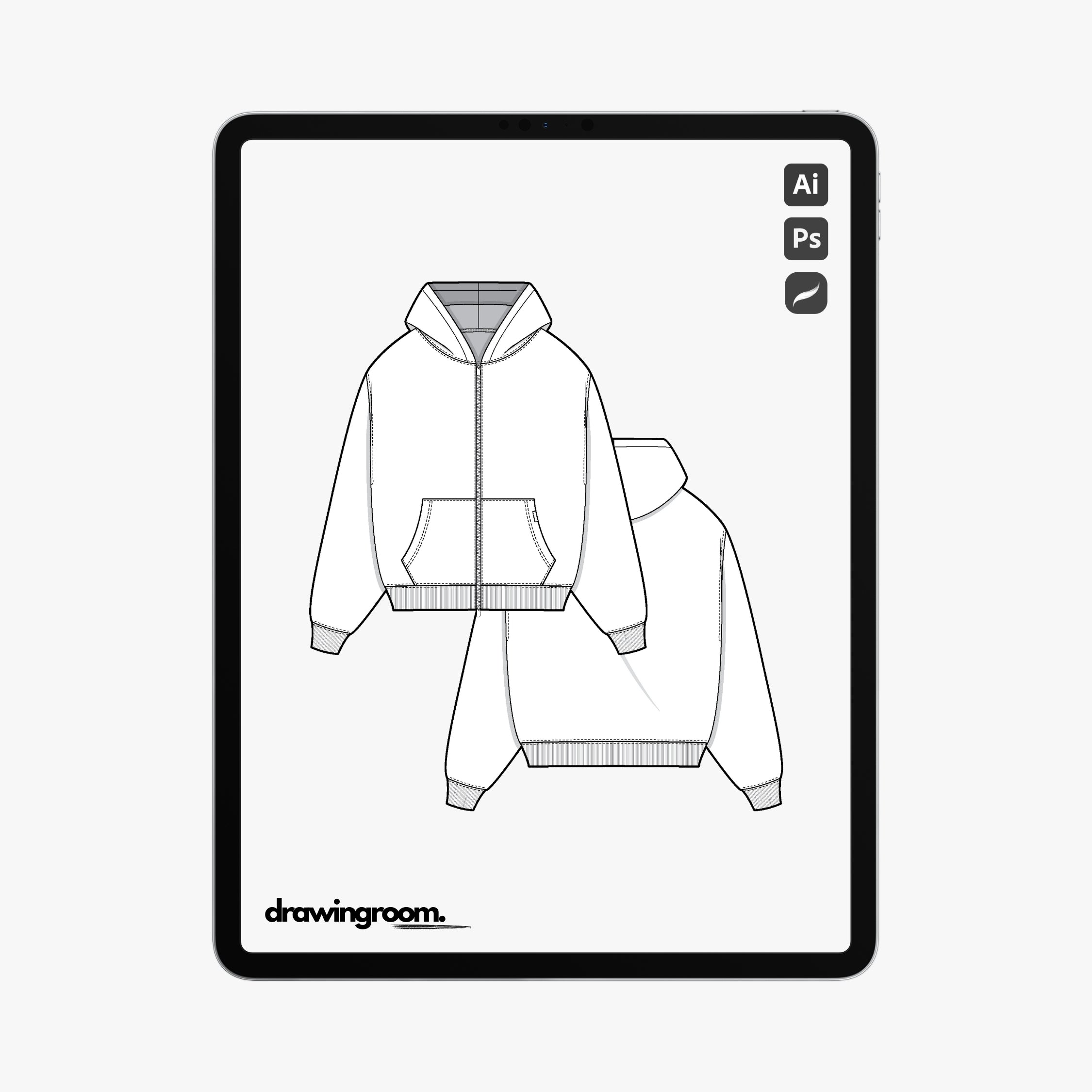 Relaxed Fit Zip Up Hoodie with Kangaroo Pouch Pocket - Flat Mockup Vector