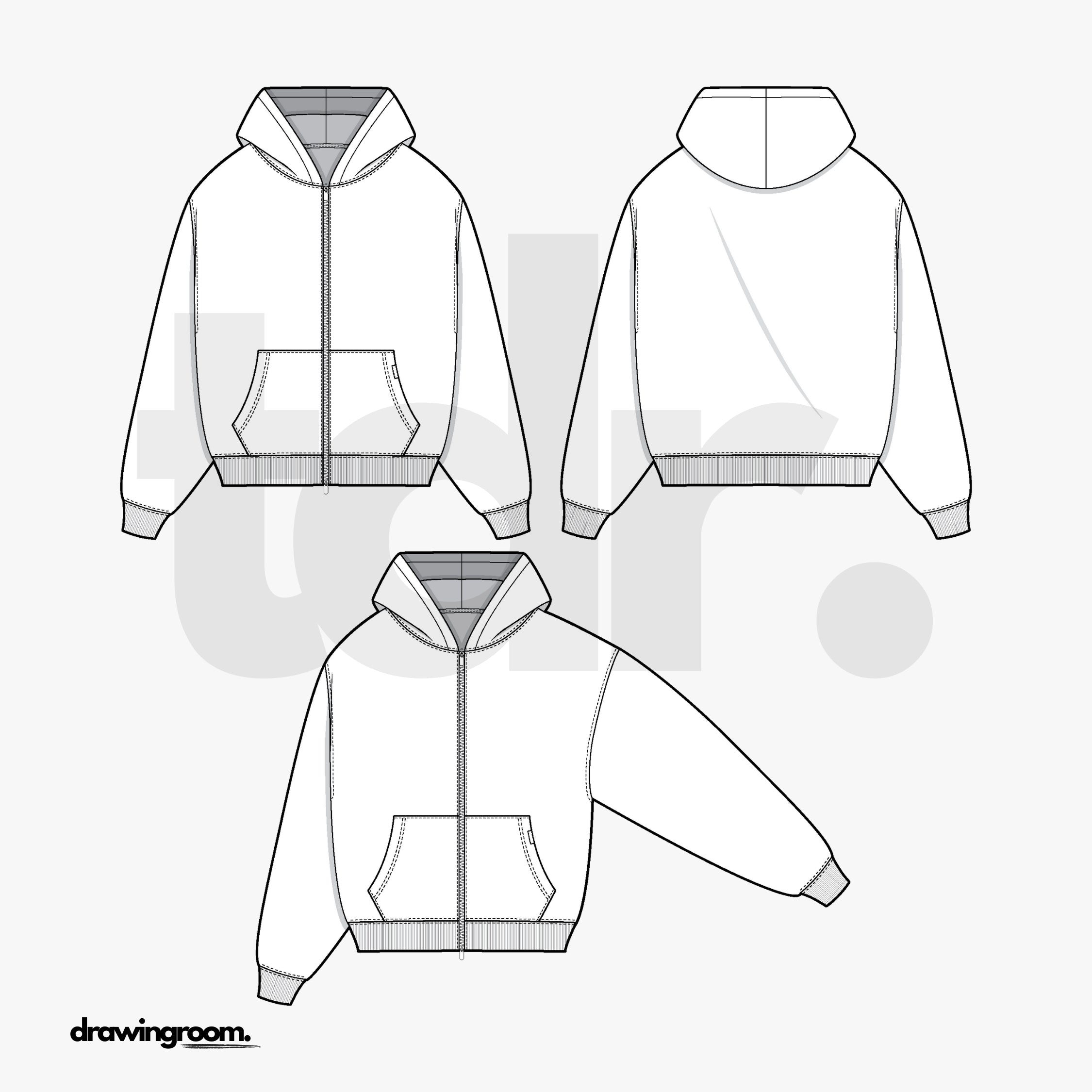 Relaxed Fit Zip Up Hoodie with Kangaroo Pouch Pocket - Flat Mockup Vector