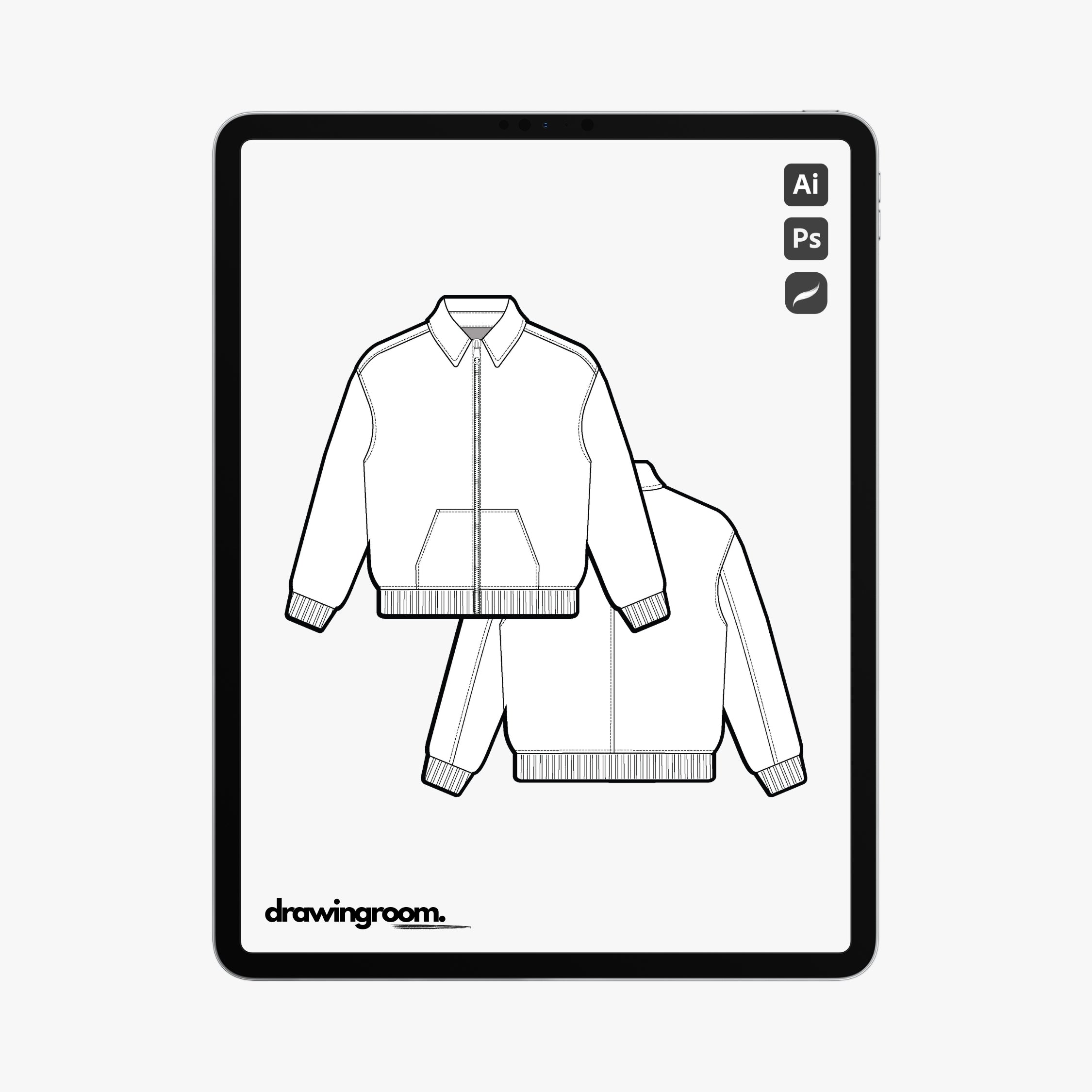 Relaxed Fit Zip Up Jacket with Back Cut and Sew Detail - Flat Mockup Vector