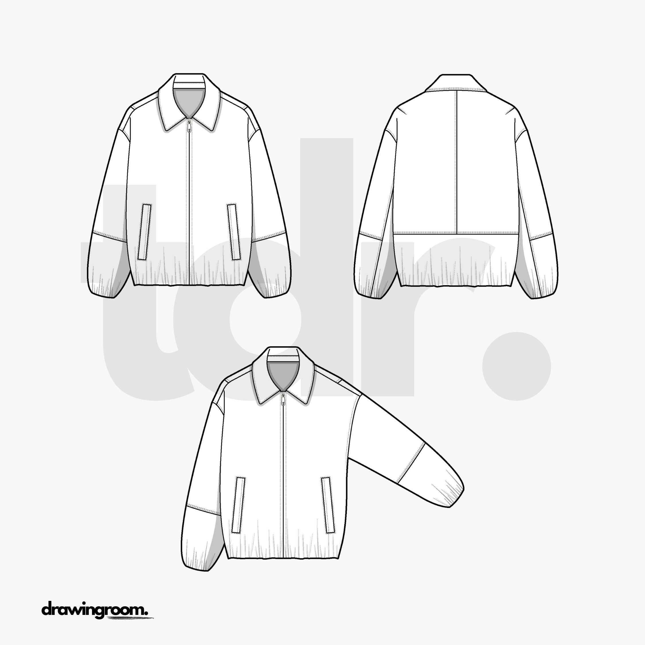 Relaxed Fit Zip Up Jacket with Hidden Elastic Hem and Sleeve Cuffs - Flat Mockup Vector